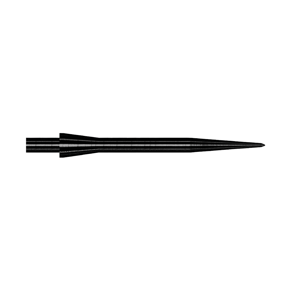 Winmau Velocity Black steel dart tips - 30mm Das Bild zeigt eine schwarze Steeldartspitze des Modells Winmau Velocity mit einer Länge von 30 mm. Die Spitze ist schmal, gerade und aus Metall gefertigt.