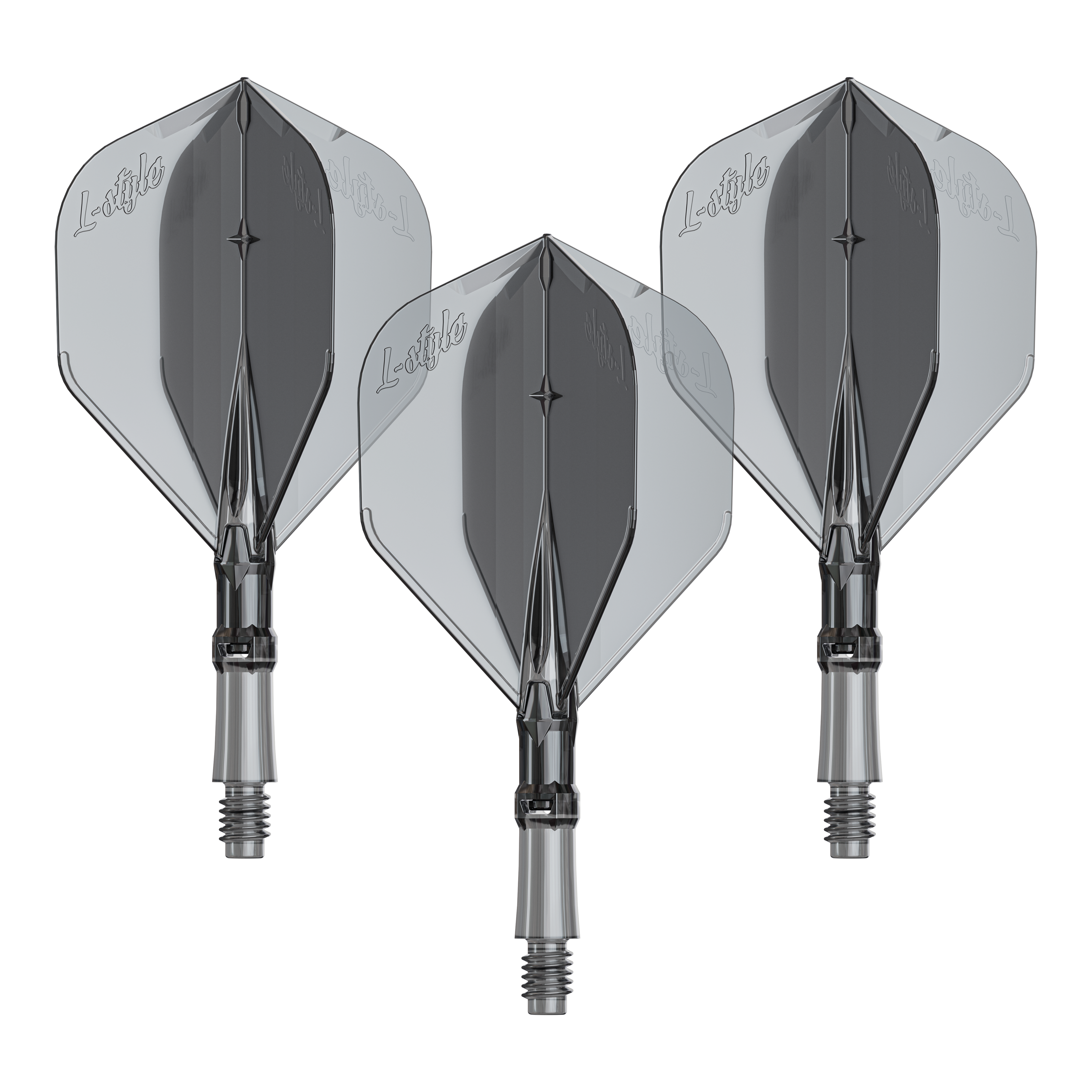 L-Style L-System Flights - Clear Black Das Bild zeigt ein Produkt mit dem Namen LS1062_LStyle_L-System_Flights_ClearBlack_Small_190_1Set. Es handelt sich um ein Dartzubehör.