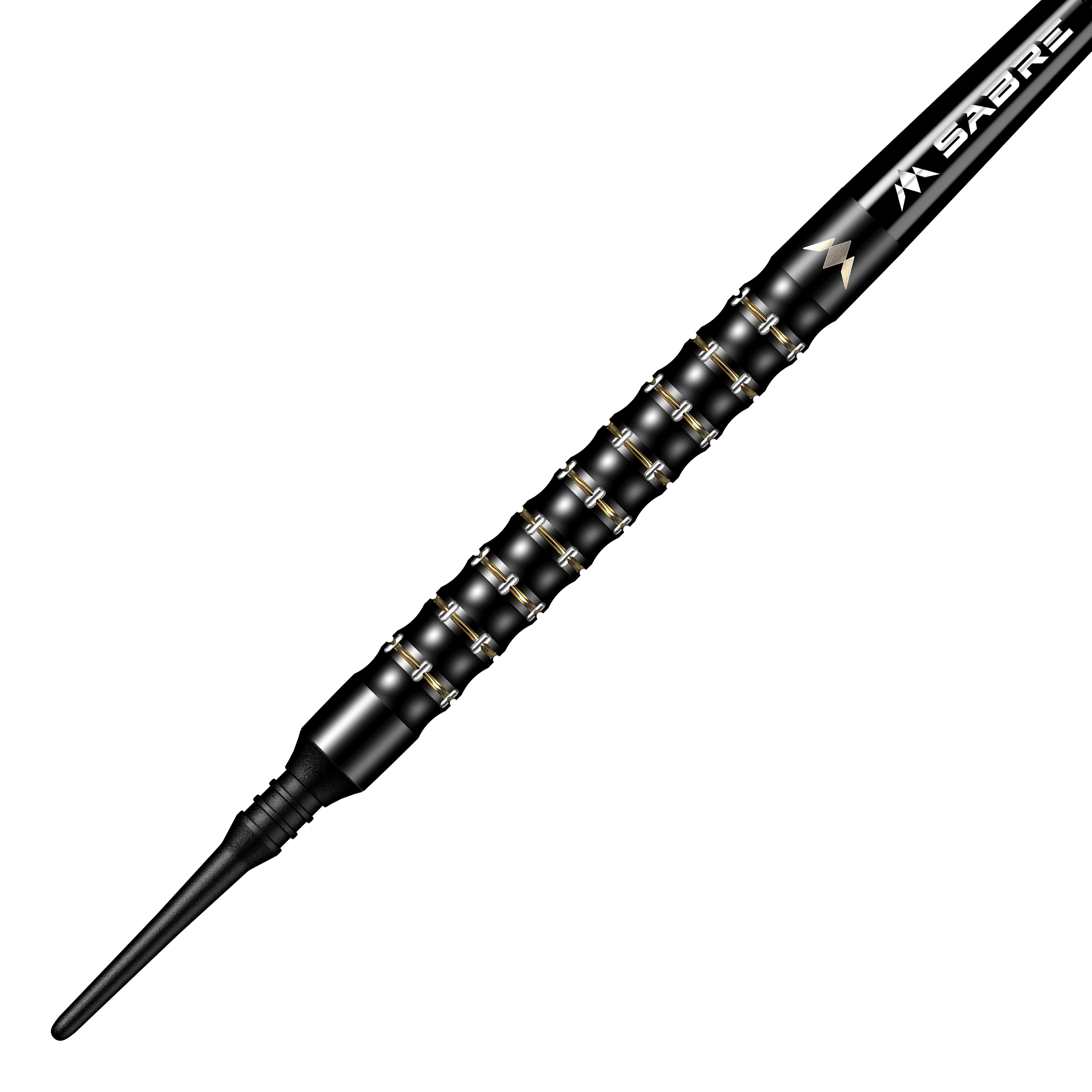 Mission Mike De Decker MDD Black Gold Soft Darts - 20g Das Bild zeigt einen Mission Mike De Decker MDD Black Gold Softdart mit einem Gewicht von 20g. Der Dart ist schwarz-gold und hat eine strukturierte Griffzone für besseren Halt.