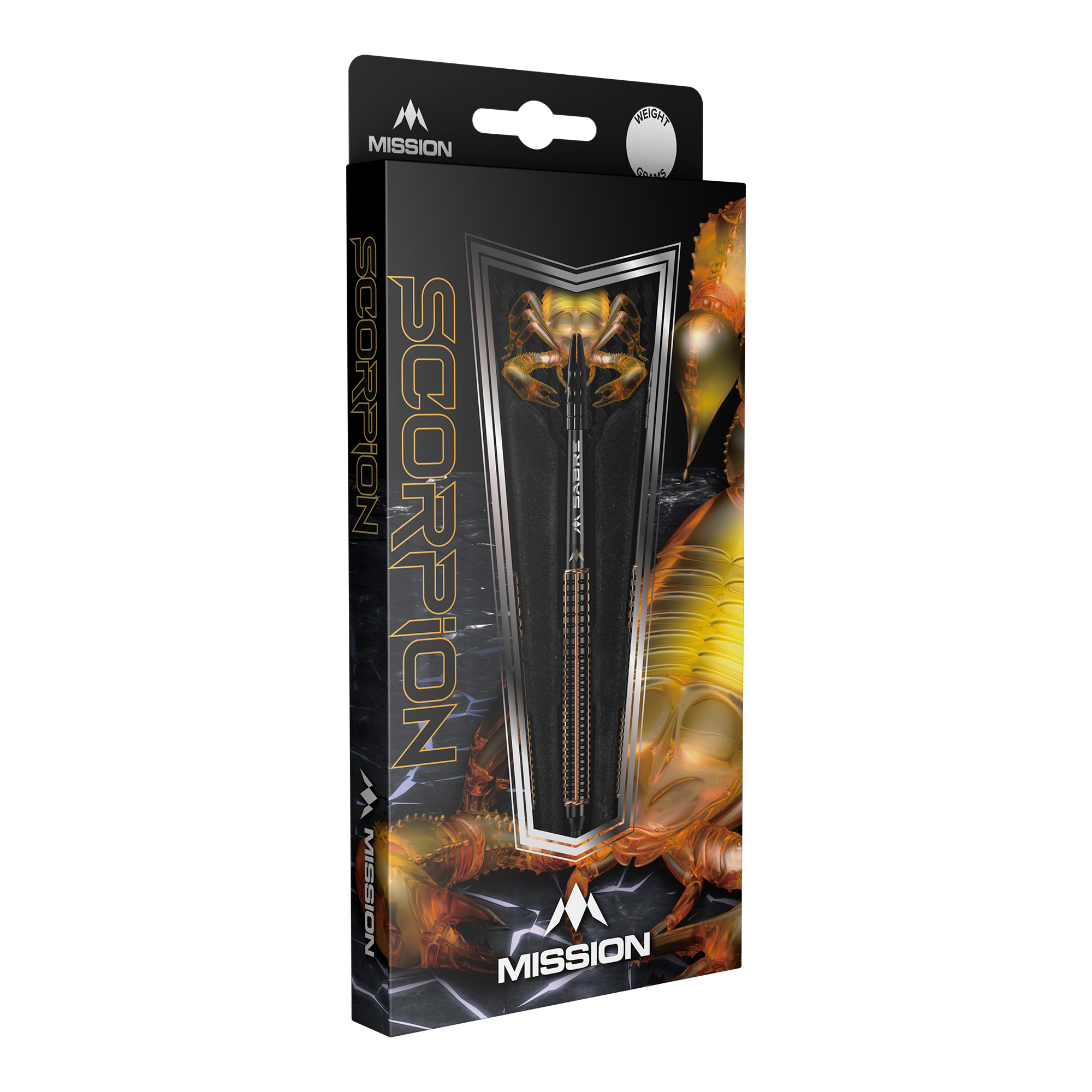 Mission Scorpion soft darts - 19g Die Abbildung zeigt die Verpackung der "Mission Scorpion Softdarts - 19g". Das Design ist schwarz-gold mit einem Skorpionmotiv und zeigt einen Dartpfeil in der Mitte.