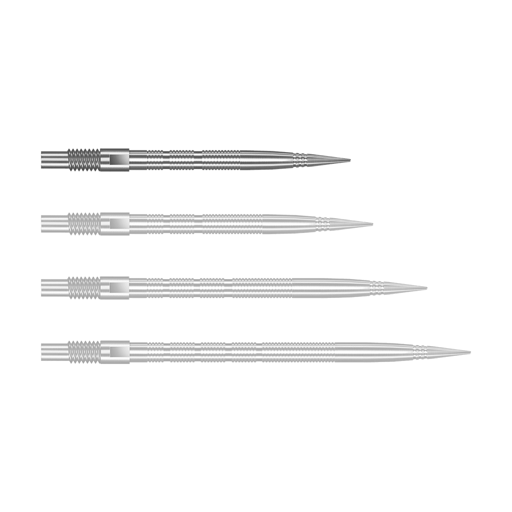 Harrows Quick Point Micro Ridge Dart Tips - Silver Silberne Harrows Quick Point MicroRidge Dartspitzen mit 26 mm Länge werden dargestellt. Die Spitzen liegen einzeln auf einer hellen Oberfläche.