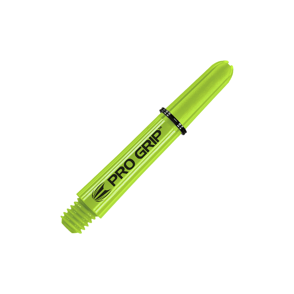 Target Pro Grip Shafts - 3 Sets - Lime Green Das Bild zeigt einen limegrünen Dartshaft mit der Aufschrift "PRO GRIP". Der Schaft hat ein Schraubgewinde an einem Ende und ist 34 mm lang.