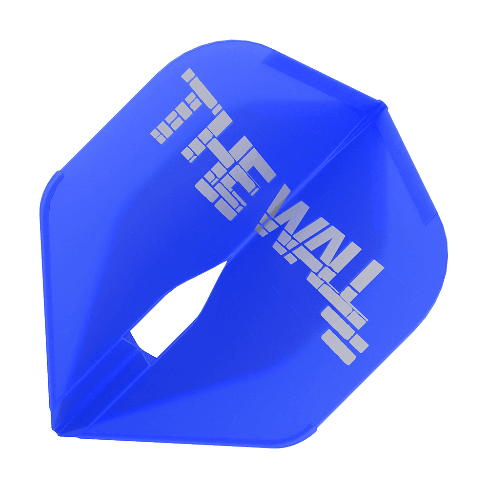 L-Style Martin Schindler Blue L1PRO Flights Das Bild zeigt ein blaues Dartflight mit der Aufschrift "THE WALL". Es handelt sich um das Modell "L-Style Martin Schindler Blau L1PRO Flights".