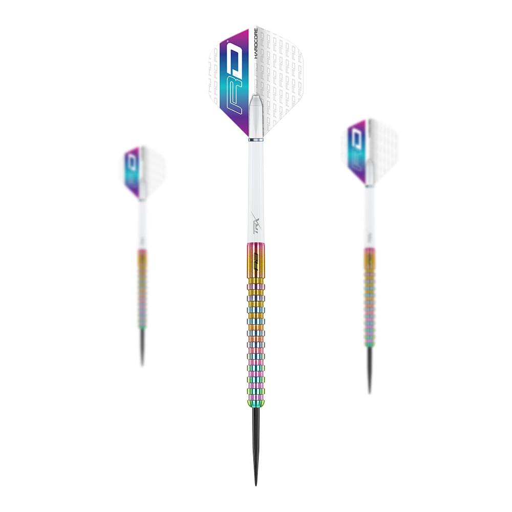 Red Dragon Javelin Spectron Steeldarts Auf dem Bild sind drei moderne Wurfpfeile für Darts zu sehen. Sie haben bunte Griffe und weiße Flights mit einem auffälligen RD-Logo.