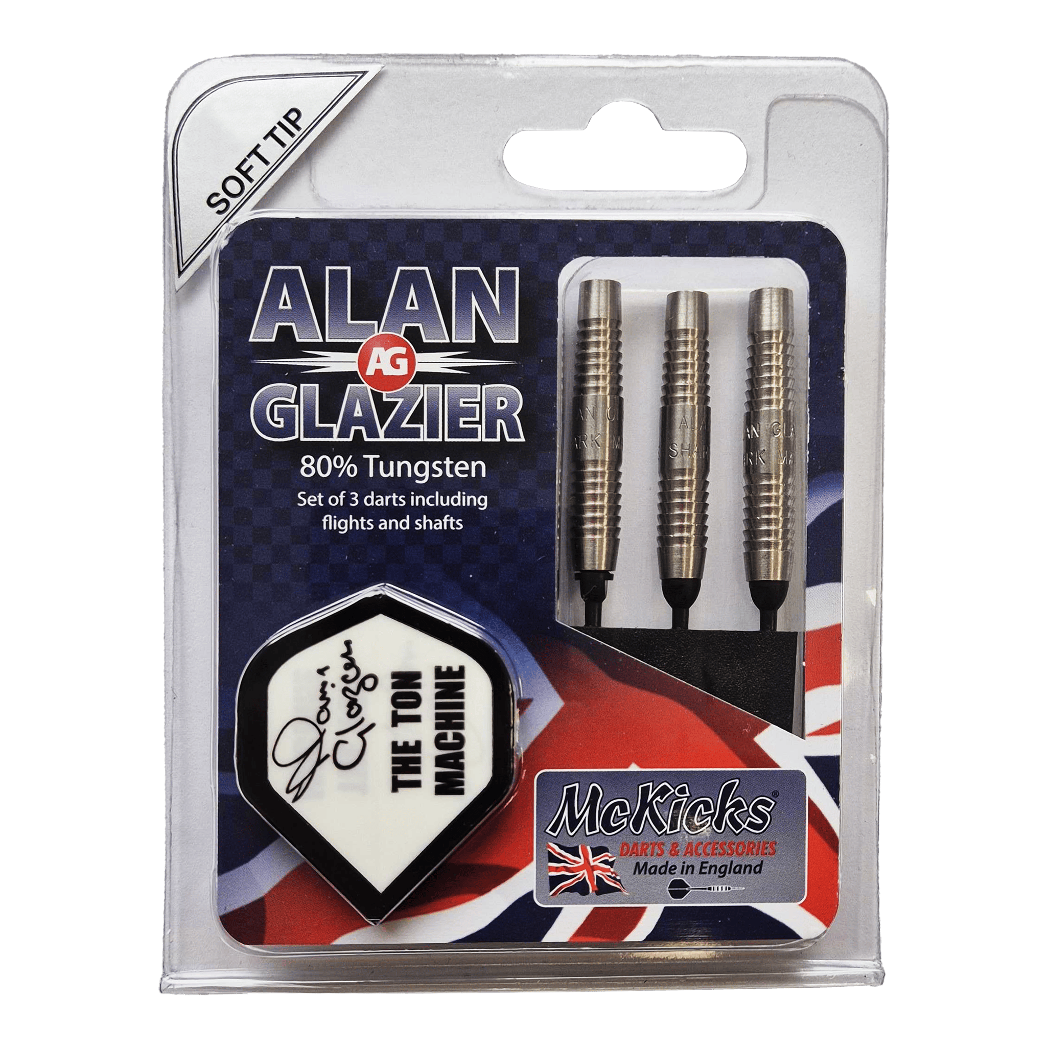 McKicks Alam Glazier Shark Machine Soft Darts Das Bild zeigt eine Verpackung mit drei Softdarts der Marke "McKicks Alan Glazier Shark Machine". Die Darts bestehen zu 80% aus Tungsten und werden inklusive Flights und Shafts geliefert.