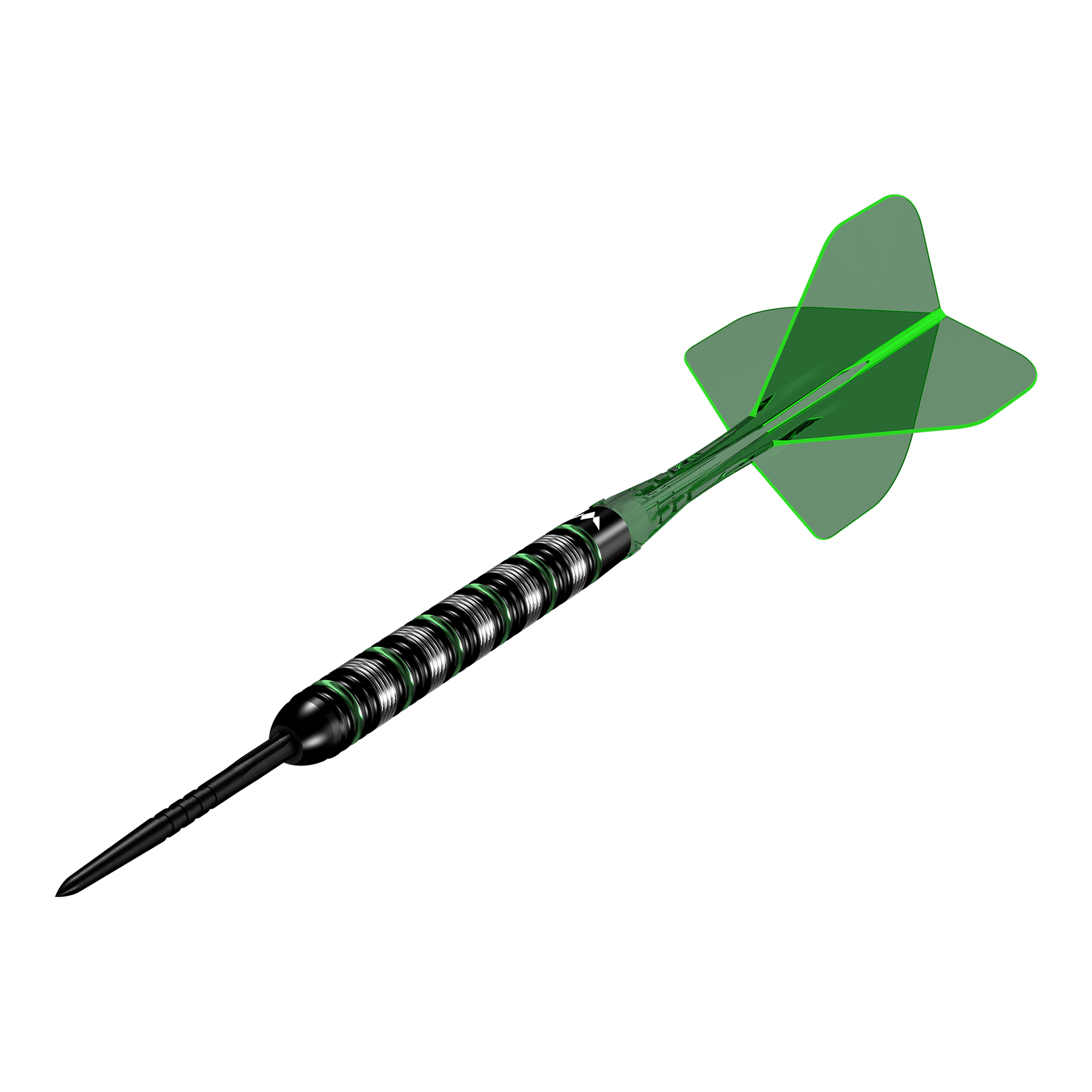 Mission Moldavite Steeldarts - 23g wird aus einer anderen Perspektive gezeigt. Die Darts zeichnen sich durch ein grünes Designelement aus.