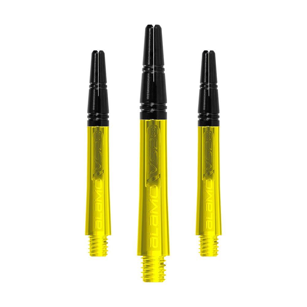 Harrow's Alamo VS2 Shafts - Yellow Das Bild zeigt drei gelbe Dartschäfte mit schwarzen Spitzen. Die Schäfte sind mit „Alamo VS2“ beschriftet und stehen aufrecht nebeneinander.