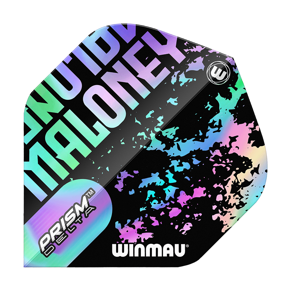 Winmau Prism Delta Mike Maloney Standard Flights Das Bild zeigt ein Winmau Prism Delta Mike Maloney Standard Flight für Darts. Das Flight hat ein auffälliges, buntes Design mit dem Namen "Maloney" und dem Winmau-Logo.