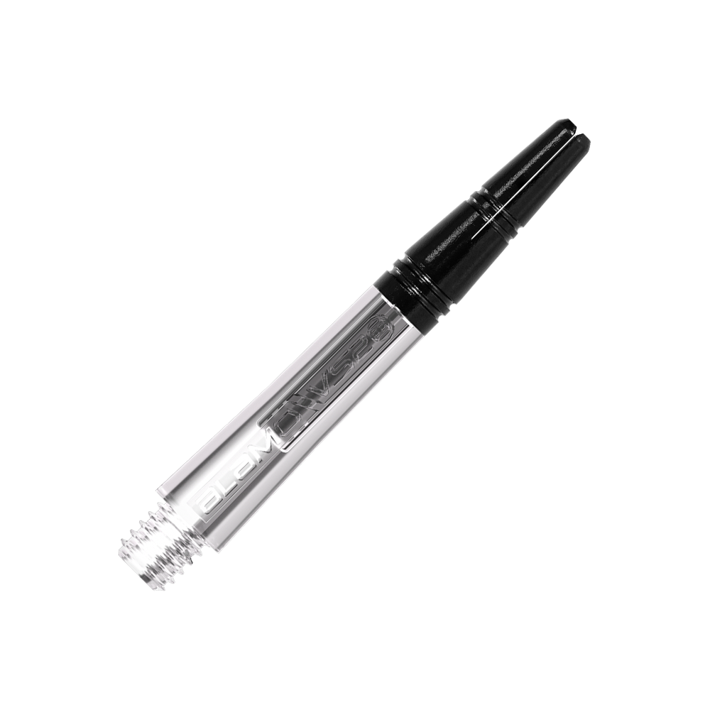 Harrow's Alamo VS2 Shafts - Clear Das Bild zeigt einen klaren, durchsichtigen Dart-Schaft mit schwarzem Gewindeende. Der Schaft trägt die Aufschrift "ALAMO" und ist 35 mm lang.