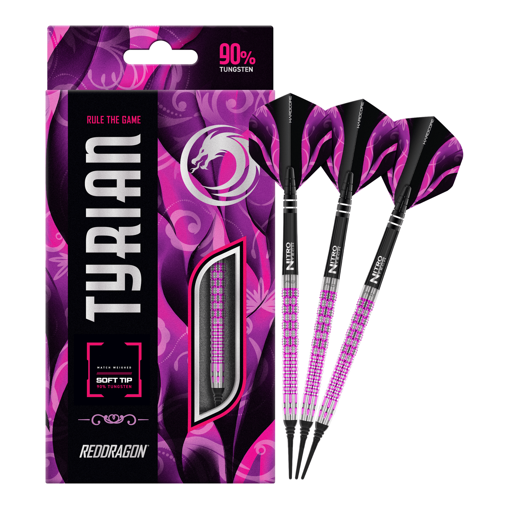 Red Dragon Tyrian Soft Darts - 22g Das Bild zeigt die Red Dragon Tyrian Softdarts - 22g mit einem auffälligen pink-schwarzen Design. Die Darts bestehen zu 90% aus Tungsten und werden in einer passenden Verpackung präsentiert.