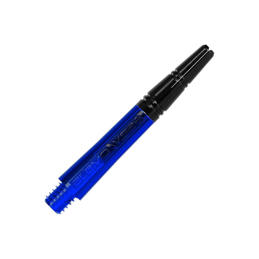 Harrow's Alamo VS2 Shafts - Blue Das Bild zeigt einen blauen Dart-Schaft mit schwarzem oberen Ende. Auf dem Schaft steht der Schriftzug "ALAMO VS2".