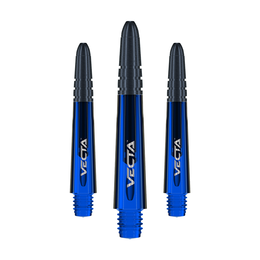 7025-105_Winmau_Vecta_Shafts_Blau_34mm_1 Das Bild zeigt drei blaue Winmau Vecta Shafts für Darts. Die Schäfte haben eine glänzende Oberfläche und das Wort "Vecta" ist darauf zu sehen.