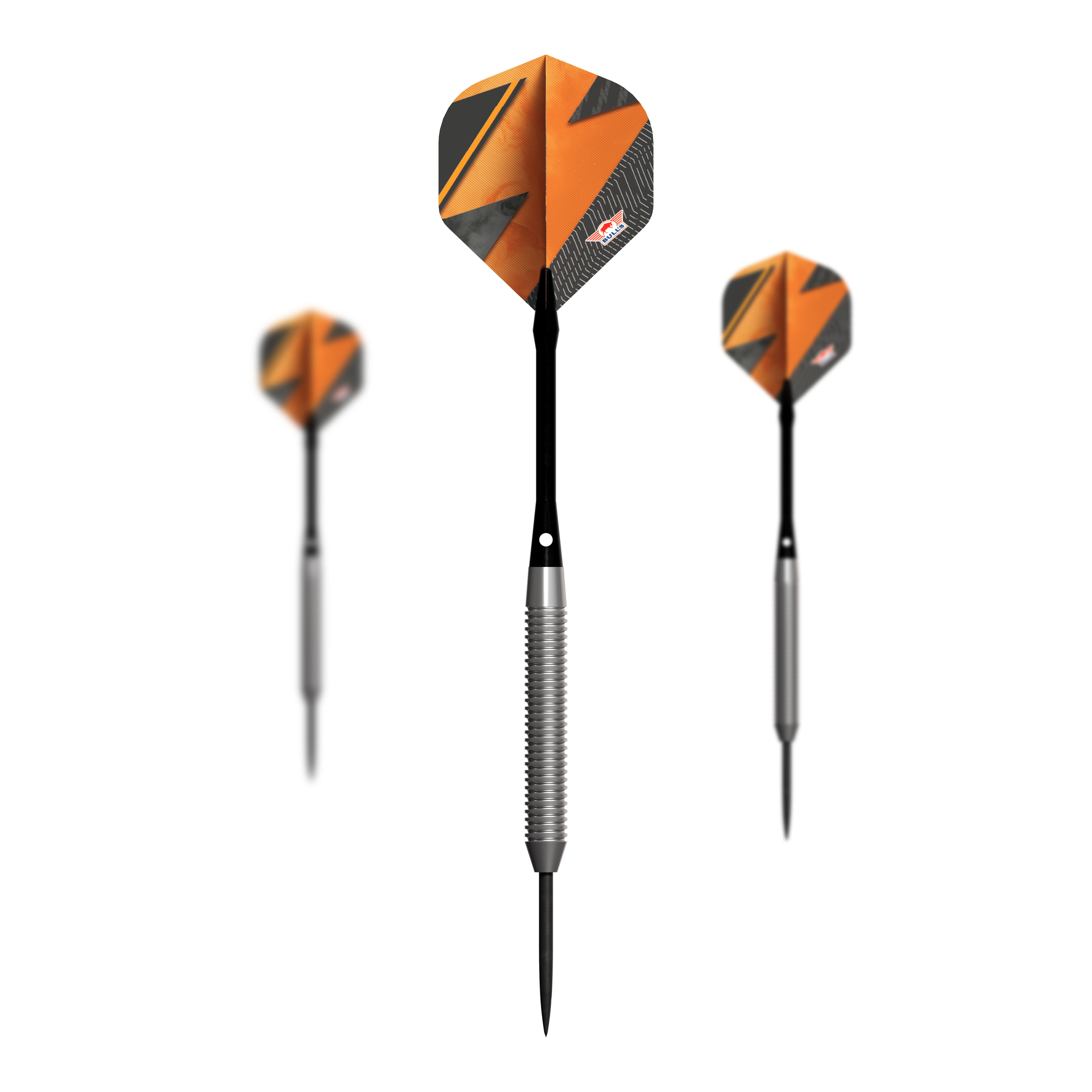 Bulls NL Lightning Orange Steel Darts Das Bild zeigt drei Steeldarts der Marke "Bulls NL Lightning Orange". Die Darts haben einen auffälligen orange-schwarzen Flight und einen silbernen Schaft.