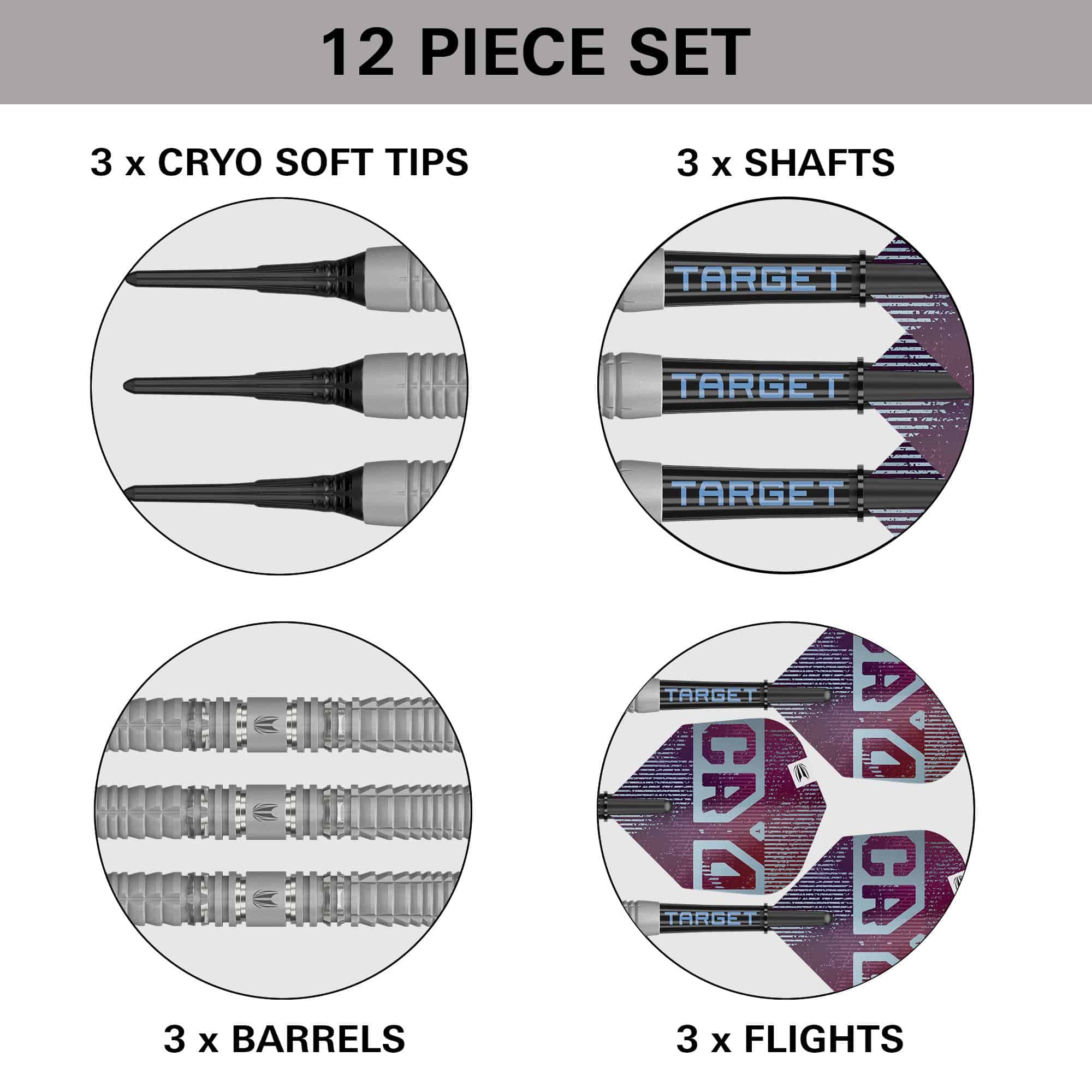 Target Cryo 12 Softdarts Dieses Bild stellt die Target Cryo 12 Softdarts dar. Diese Softdarts bieten optimale Kontrolle für ambitionierte Spieler.
