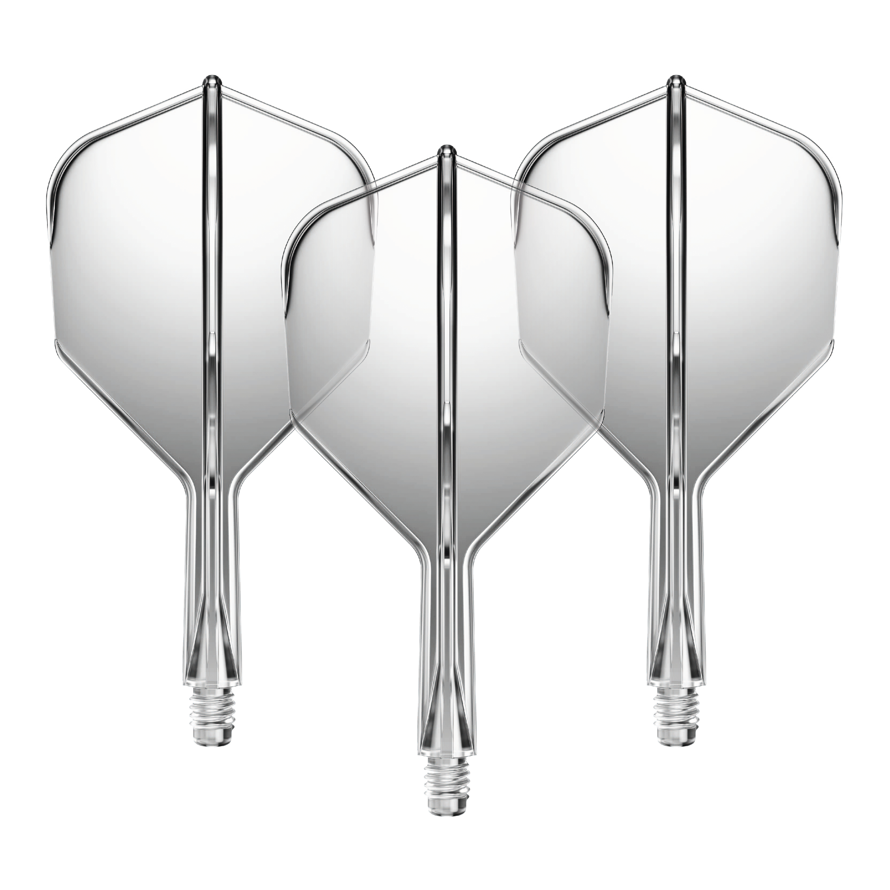 GOAT A1R No6 Flight Shaft System - Clear Das Bild zeigt drei durchsichtige Dartflights mit kurzen Schäften. Sie sind nebeneinander angeordnet und besitzen eine klare, glänzende Oberfläche.