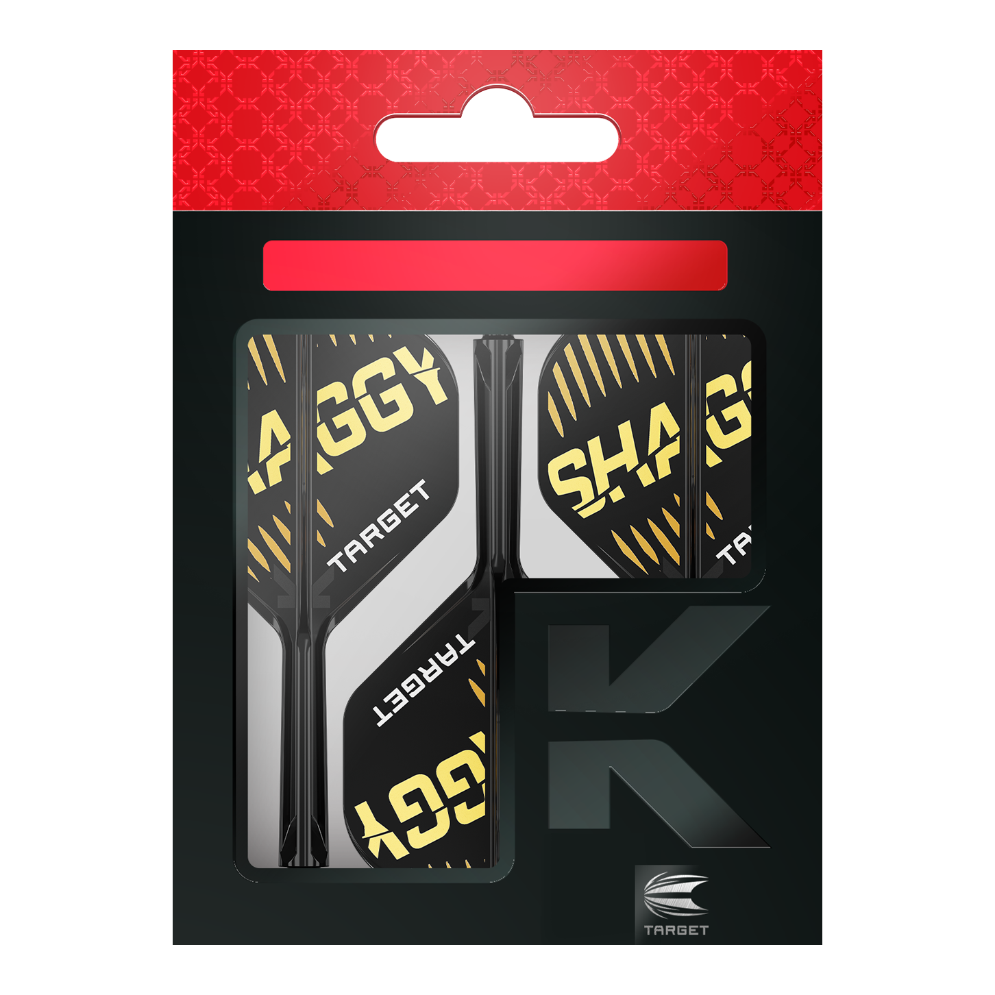 Target K-Flex Scott Williams No2 Standard Flight Shaft System Auf dem Bild ist die Verpackung der "Target K-Flex Scott Williams No2 Standard Flights" zu sehen. Die Flights sind überwiegend schwarz mit gelben und weißen Akzenten und dem Schriftzug "SHAGGY" darauf.