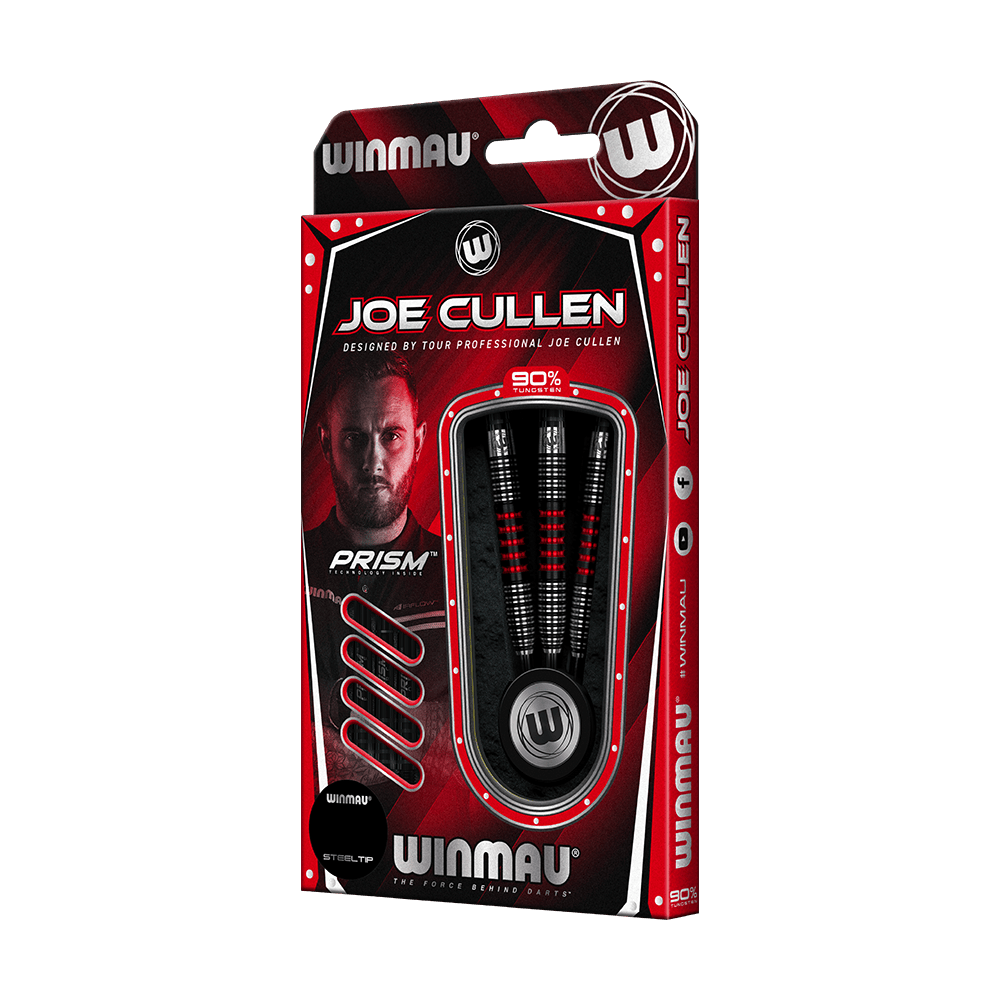 1462_Winmau_Joe_Cullen_90_Steeldarts_3 Auf dem Bild ist eine Packung "Winmau Joe Cullen Steeldarts" zu sehen. Die Verpackung ist überwiegend rot und schwarz gestaltet und zeigt drei Darts sowie ein Porträt von Joe Cullen.