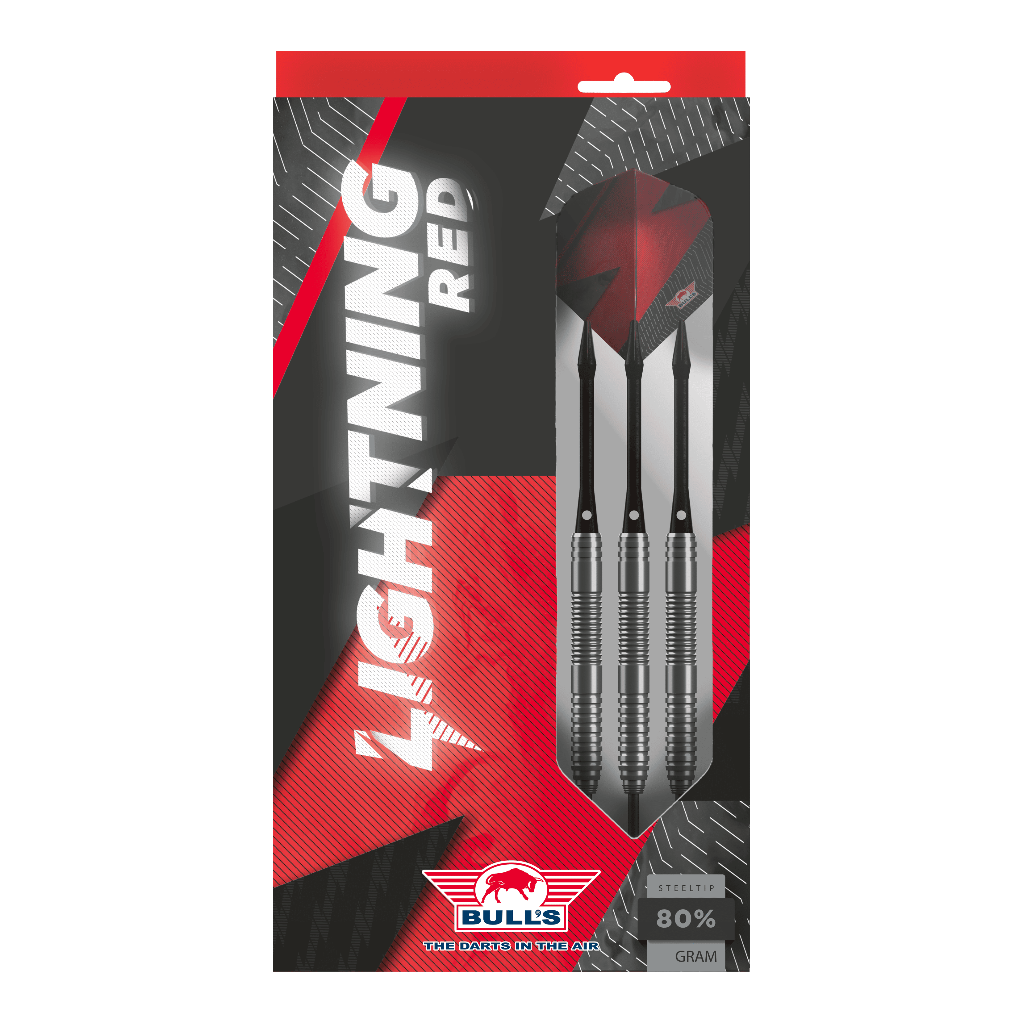 Bulls NL Lightning Red steel darts Das Bild zeigt die Verpackung der "Bulls NL Lightning Red Steeldarts". In der Packung sind drei silberne Steeldarts mit roten Flights zu sehen.