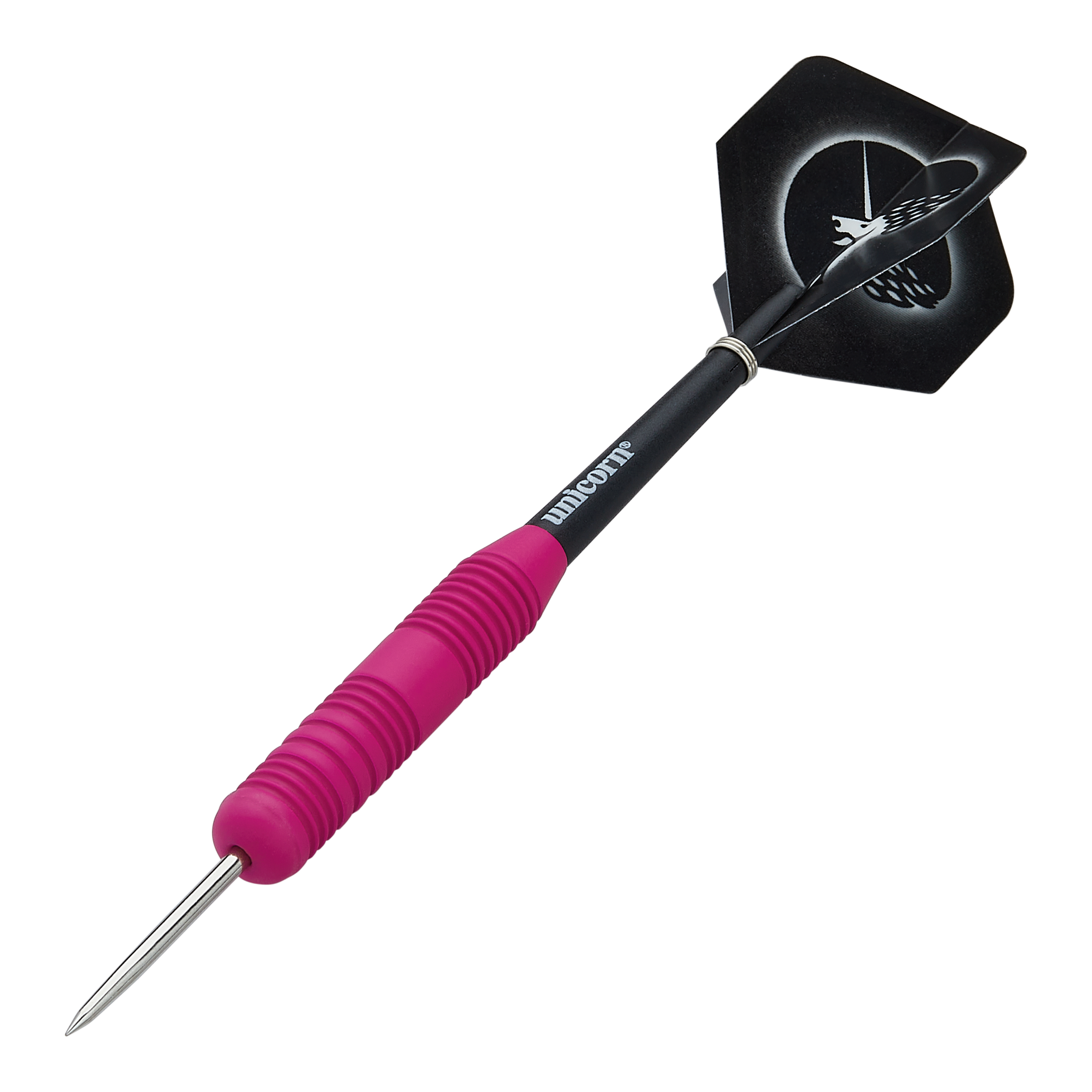 Das Bild zeigt einen Unicorn Core Plus Steeldart mit einem pinken, gummierten Griff. Der Dart hat eine schwarze Spitze und einen schwarzen Flight mit weißem Muster.