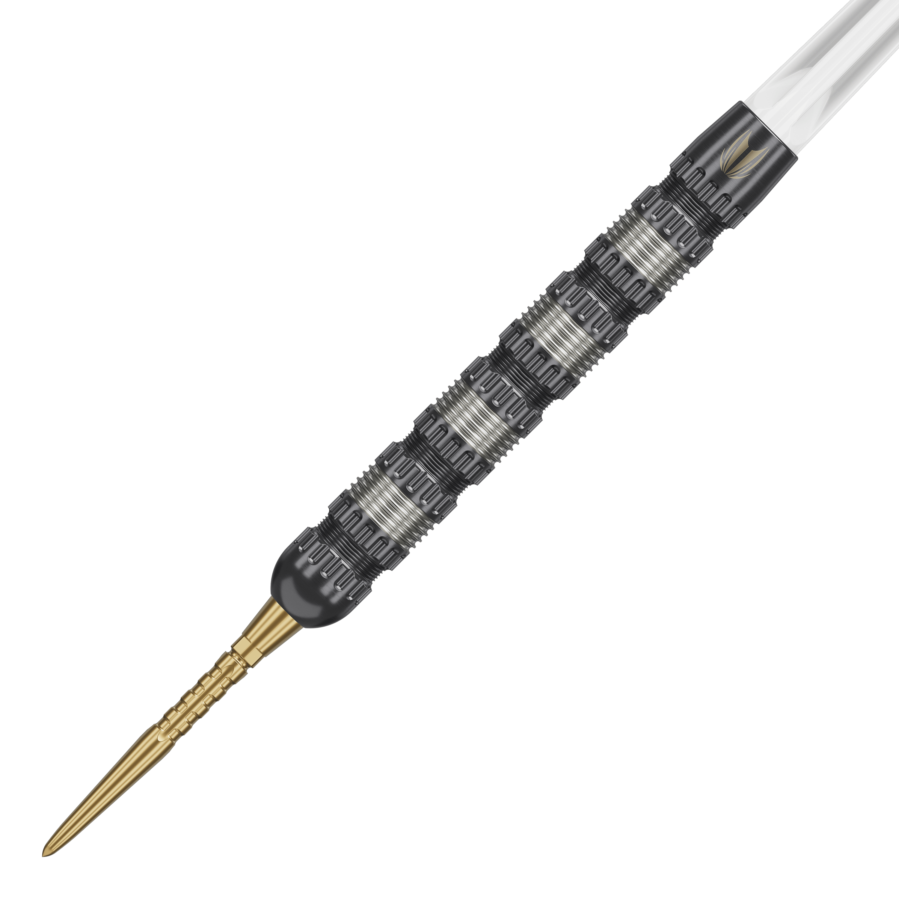 Target Rob Cross 95K Swiss Point Steel Darts Das Bild zeigt einen Target Rob Cross 95K Swiss Point Steeldart. Der Dart hat eine strukturierte, silber-schwarze Oberfläche und eine goldene Spitze.