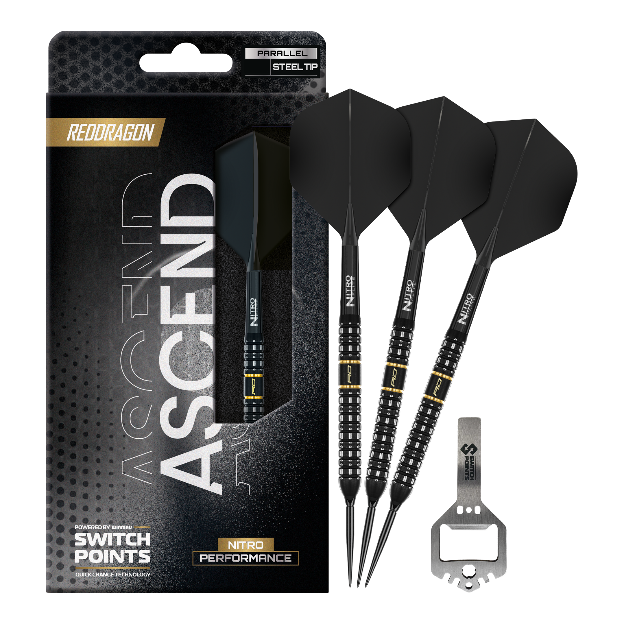 Red Dragon Ascend Parallel Switch Point Steeldarts Das Bild präsentiert die Red Dragon Ascend Parallel Switch Point Steeldarts in voller Länge. Die Details des kompletten Darts sind gut erkennbar.