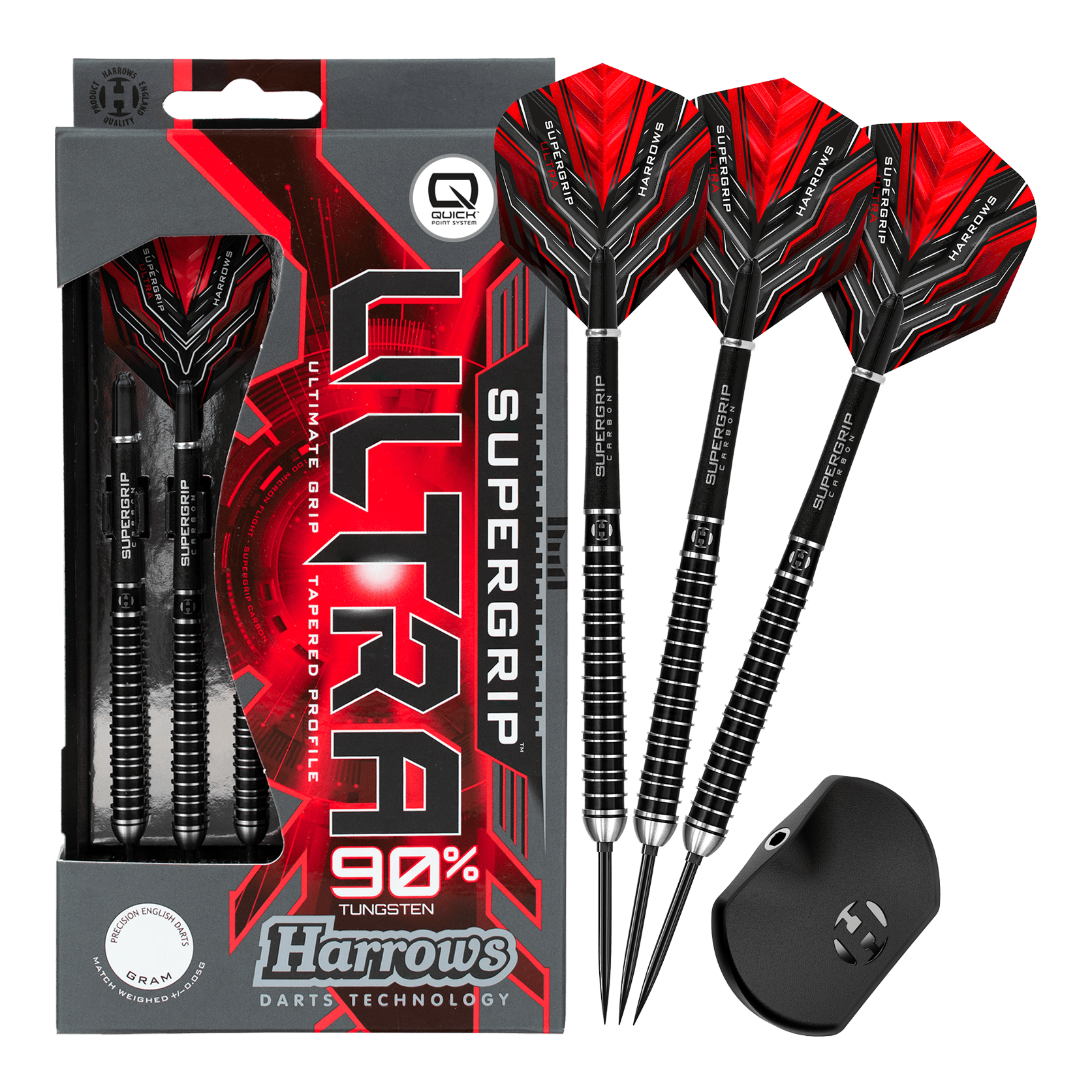 Harrows Supergrip Ultra Quick Point Steel Darts Abgebildet sind Harrows Supergrip Ultra Quick Point Steeldarts. Das Set ist in voller Länge dargestellt.