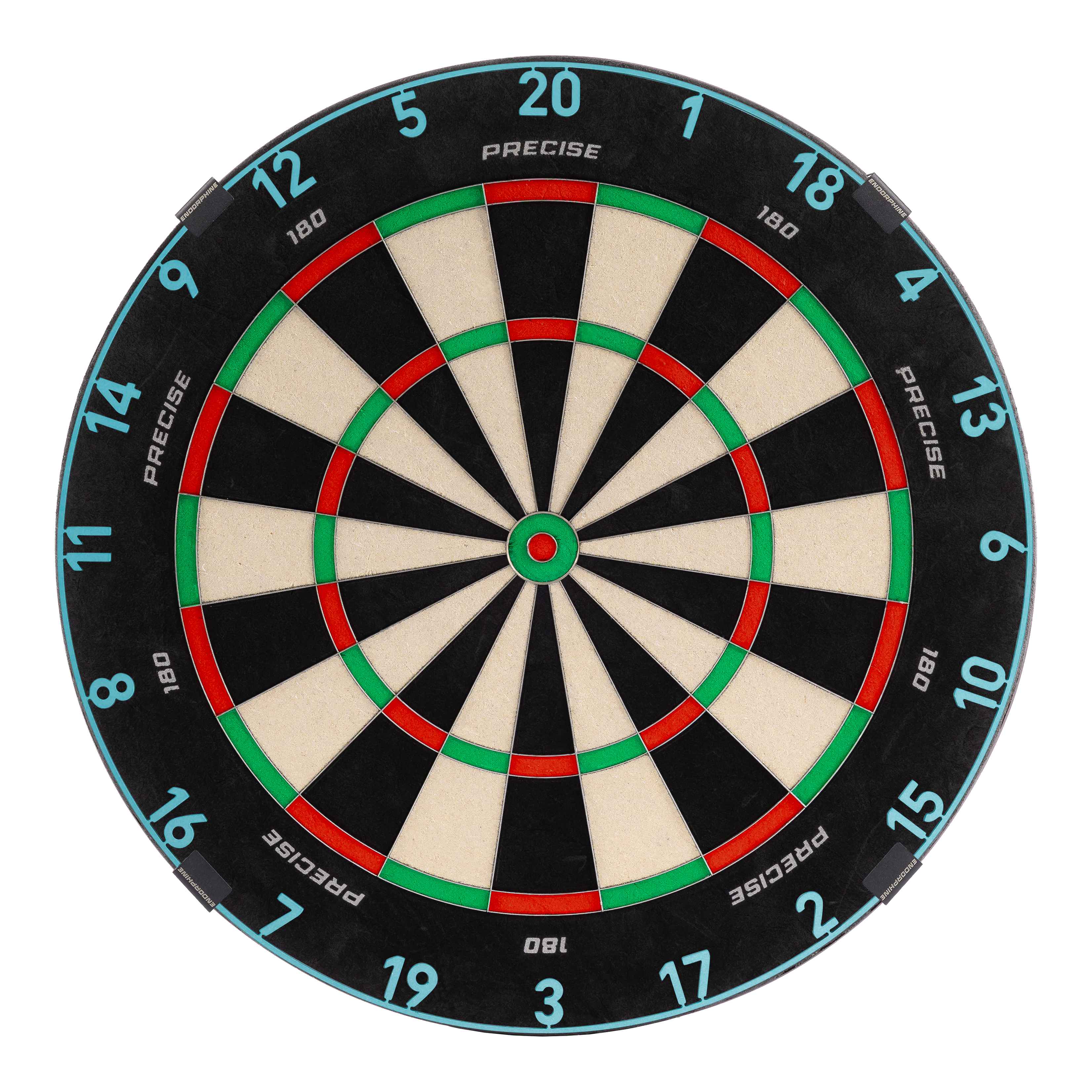 Das Precise 180 Endorphine Steeldartboard mit Nummernring in Infinity Blue ist abgebildet. Es bietet optimale Bedingungen für ein präzises Dartspiel.