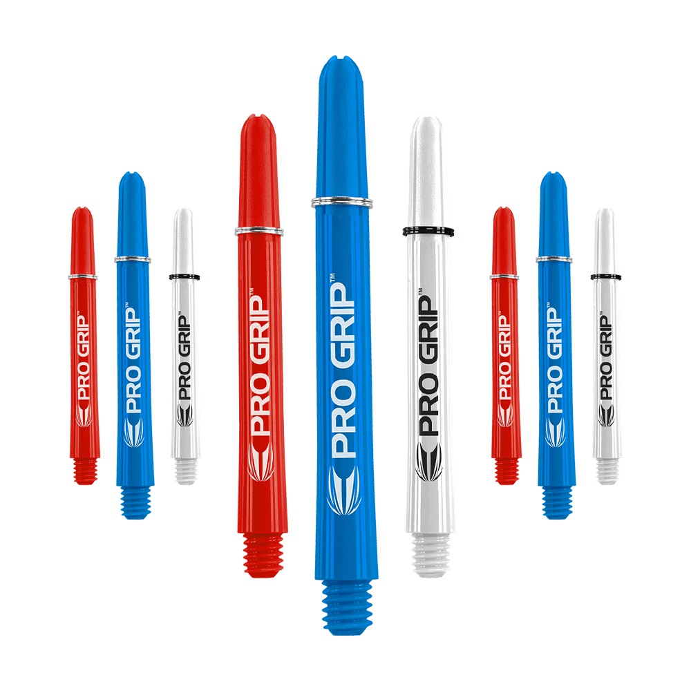 Das Bild zeigt neun Dart-Shafts in den Farben Blau, Rot und Weiß. Auf jedem Shaft steht der Schriftzug "PRO GRIP" mit einem kleinen Logo darunter.
