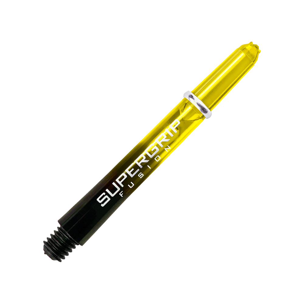 HR349_Harrows_Supergrip_Fusion_Shafts_Gelb_40mm_2tskUGzg6hNNOx Das Bild zeigt ein Harrows Supergrip Fusion Shaft in der Farbe Gelb. Der Schriftzug "SUPERGRIP FUSION" ist deutlich auf dem Schaft zu sehen.