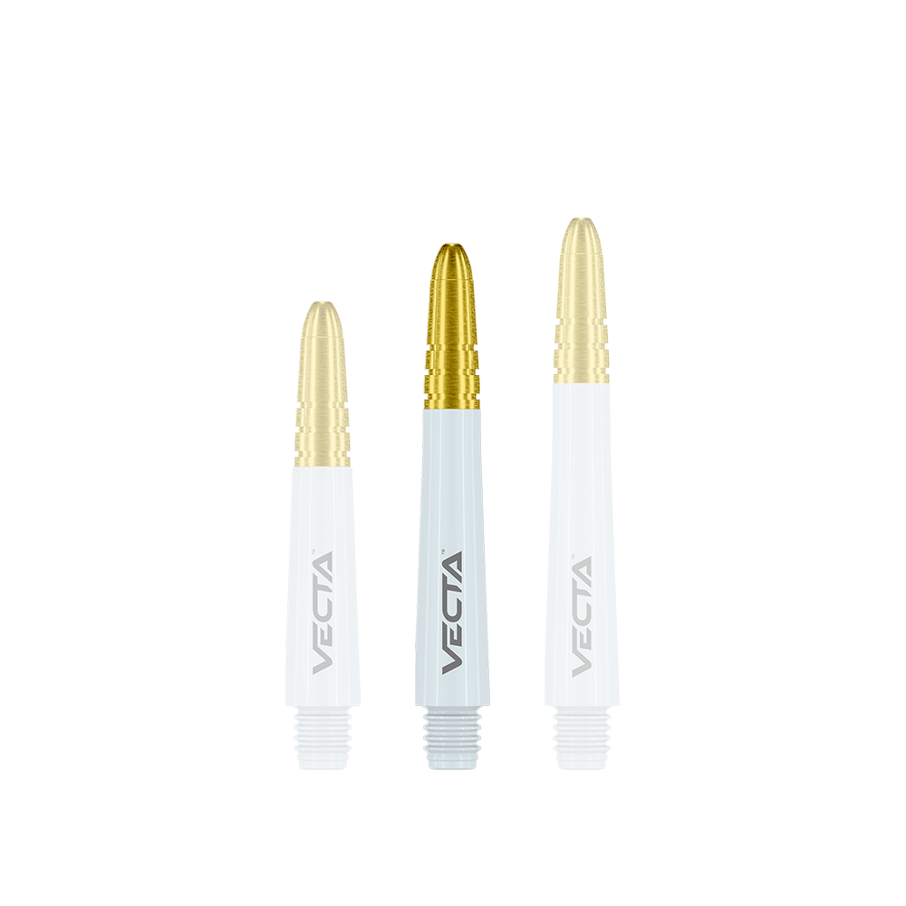 Winmau Vecta Shafts - Weiß Gold Auf dem Bild sind drei Dart-Schäfte in unterschiedlicher Länge zu sehen. Sie sind weiß mit einer goldenen Spitze und tragen die Aufschrift "VECTA".