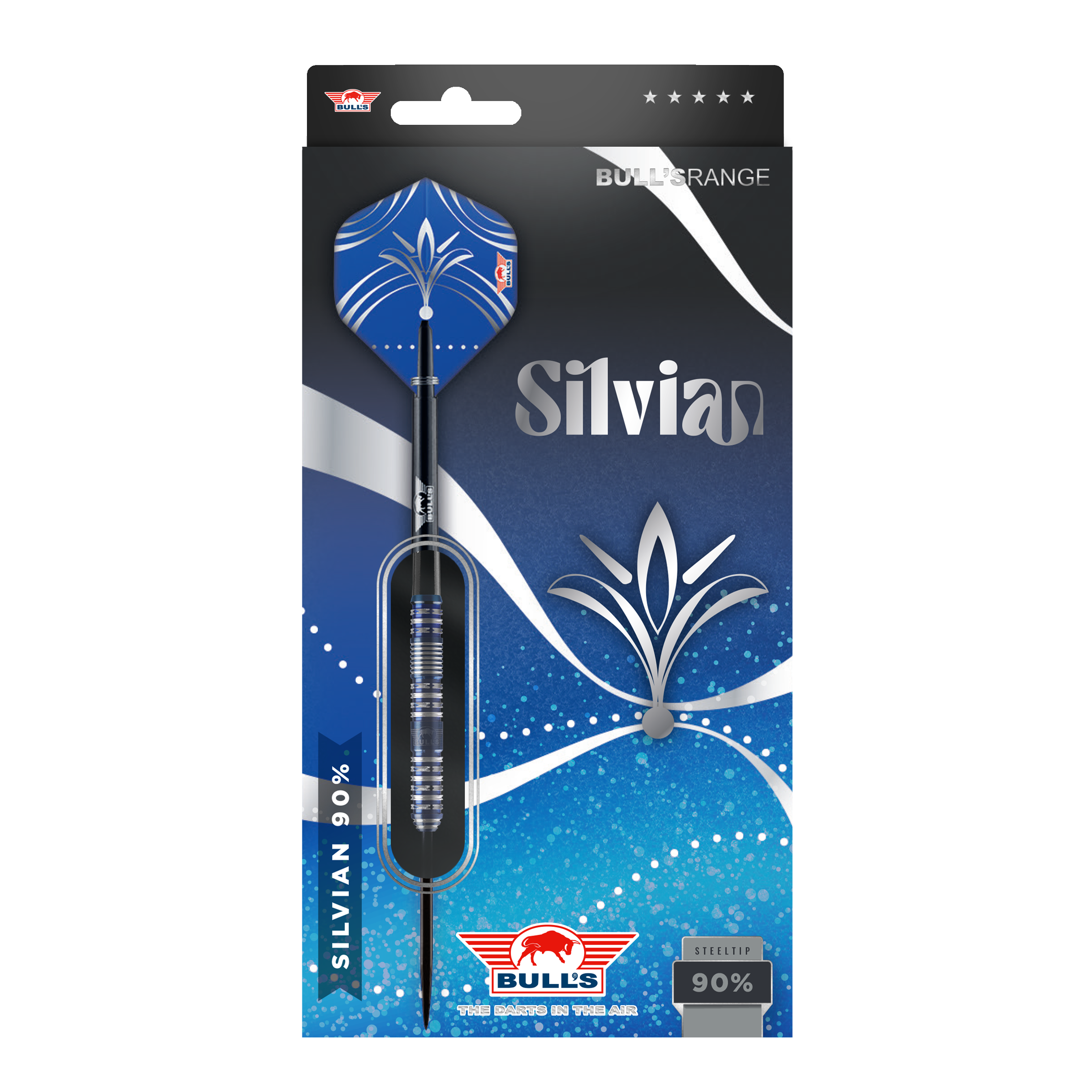 Bulls NL Silvian Steeldarts Die Abbildung zeigt die Verpackung der "Bulls NL Silvian Steeldarts". Die Verpackung ist vorwiegend blau und silber gestaltet und hebt die Marke sowie den Namen "Silvian" hervor.
