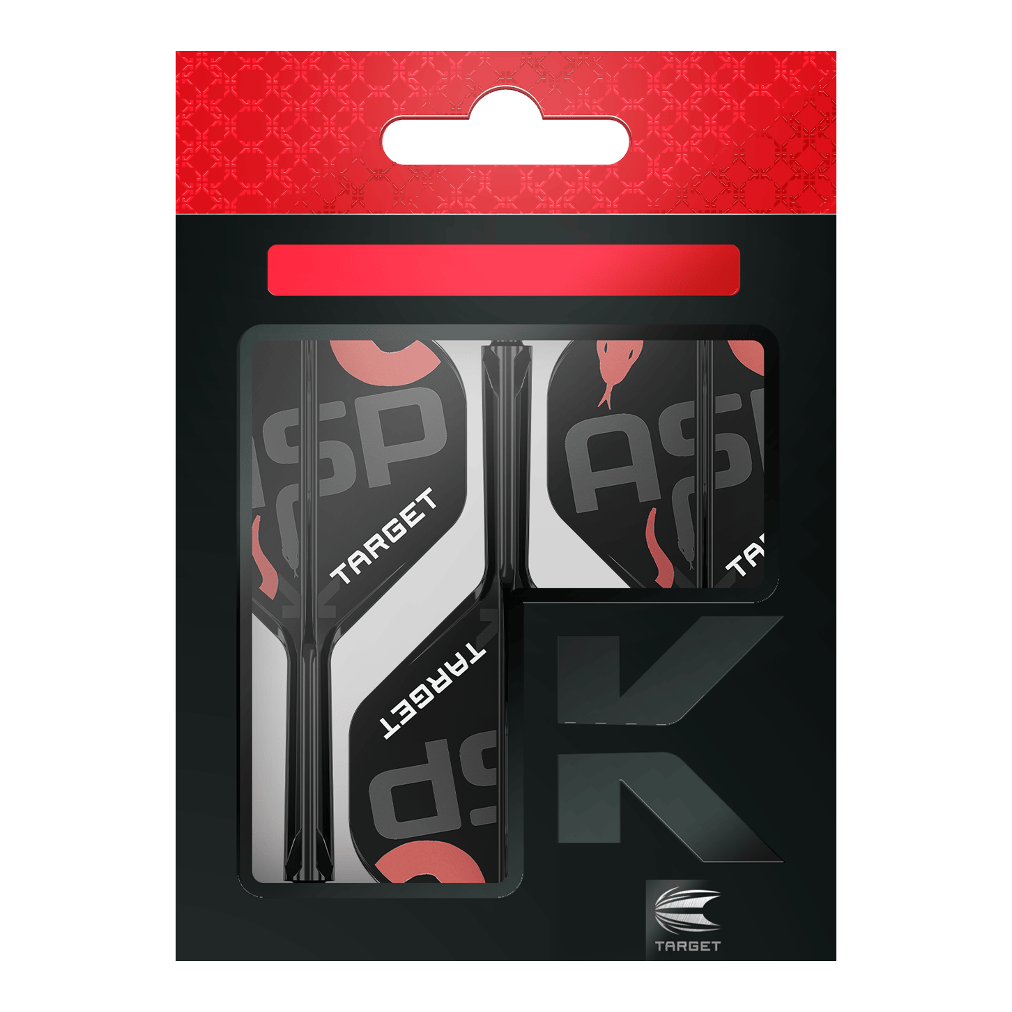 Target K-Flex Nathan Aspinall No2 Standard Flight Shaft System Auf dem Bild ist eine Verpackung mit Dart-Flights und Schäften der Marke Target zu sehen. Die Verpackung ist überwiegend schwarz mit roten und weißen Akzenten gestaltet.