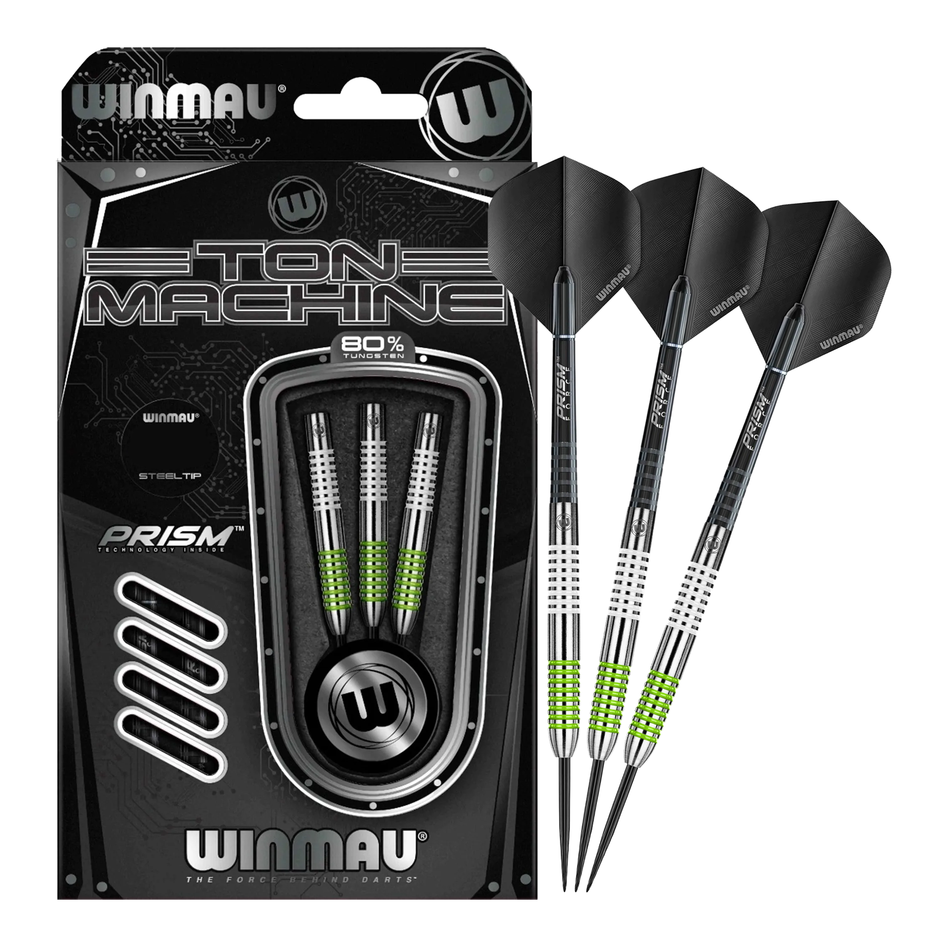 Winmau Ton Machine steel darts Das Bild zeigt das Set der Winmau Ton Machine Steeldarts in voller Ansicht. Diese Steeldarts sind ideal für Dartliebhaber.