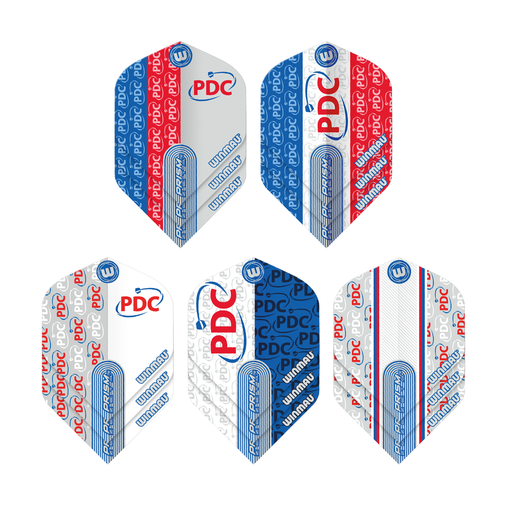 Winmau PDC Prism Flight Collection Das Bild zeigt die "Winmau PDC Prism Flight Collection" mit fünf unterschiedlichen Dart-Flights. Die Flights sind in den Farben Blau, Rot und Weiß gehalten und mit den Logos "PDC" und "Winmau" bedruckt.