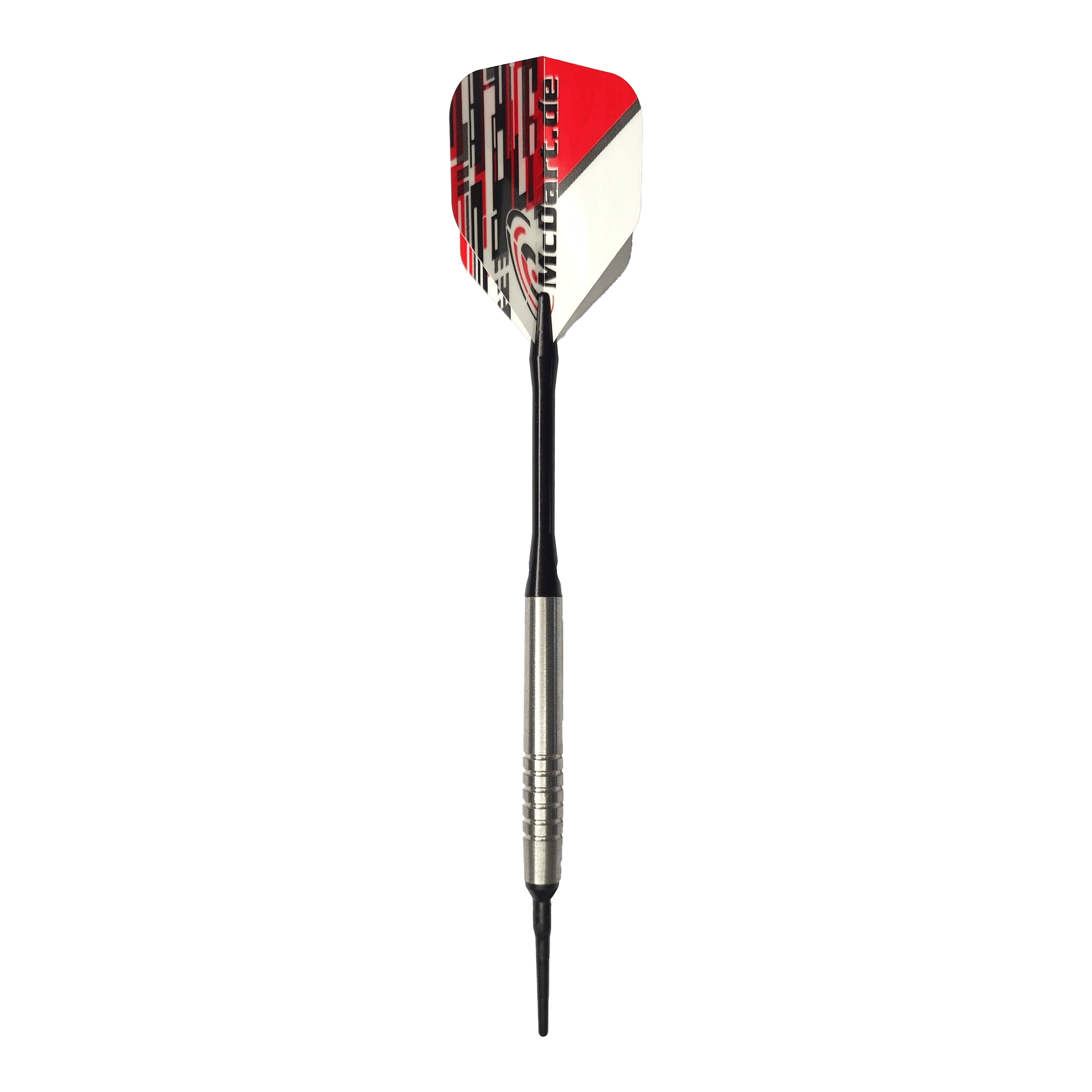 McDart 85 Tungsten V14 Soft Darts - 17g Das Bild zeigt einen McDart 85er Tungsten V14 Softdart mit einem Gewicht von 17 Gramm. Der Dart hat eine silberne Spitze, einen schwarzen Schaft und eine rot-weiße Flights.