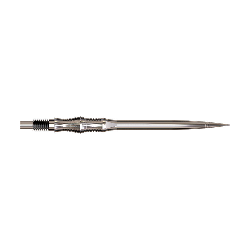Apex Spire Silver Elite Serie Dartspitzen in 40mm werden gezeigt. Die Spitzen sind silberfarben.
