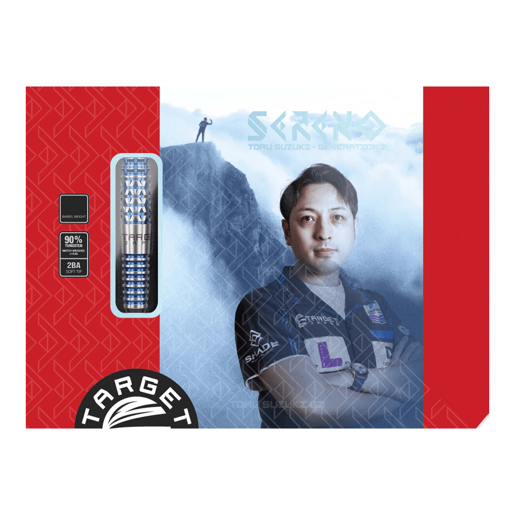 Target Japan Toru Suzuki Sereno GEN2 Soft Darts - 20g Die Verpackung zeigt das Produkt "Target Japan Toru Suzuki Sereno GEN2 Softdarts - 20g". Auf der Vorderseite ist ein Bild von Toru Suzuki sowie die Darts und Produktinformationen abgebildet.
