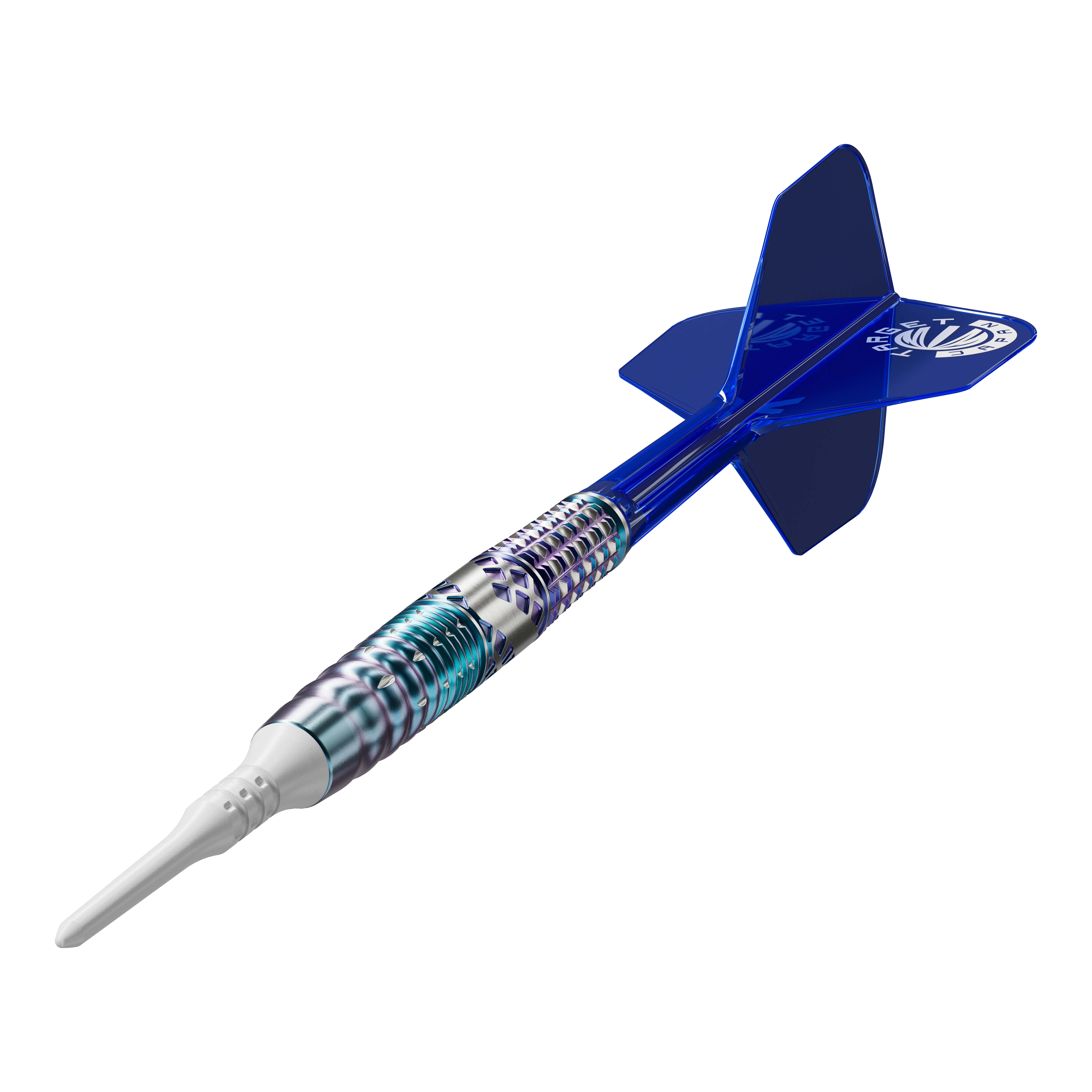 Das Bild zeigt einen Softdart mit einem silber-blauen, metallischen Schaft und einer weißen Spitze. Die Flights am Ende des Darts sind blau und tragen ein weißes Logo.