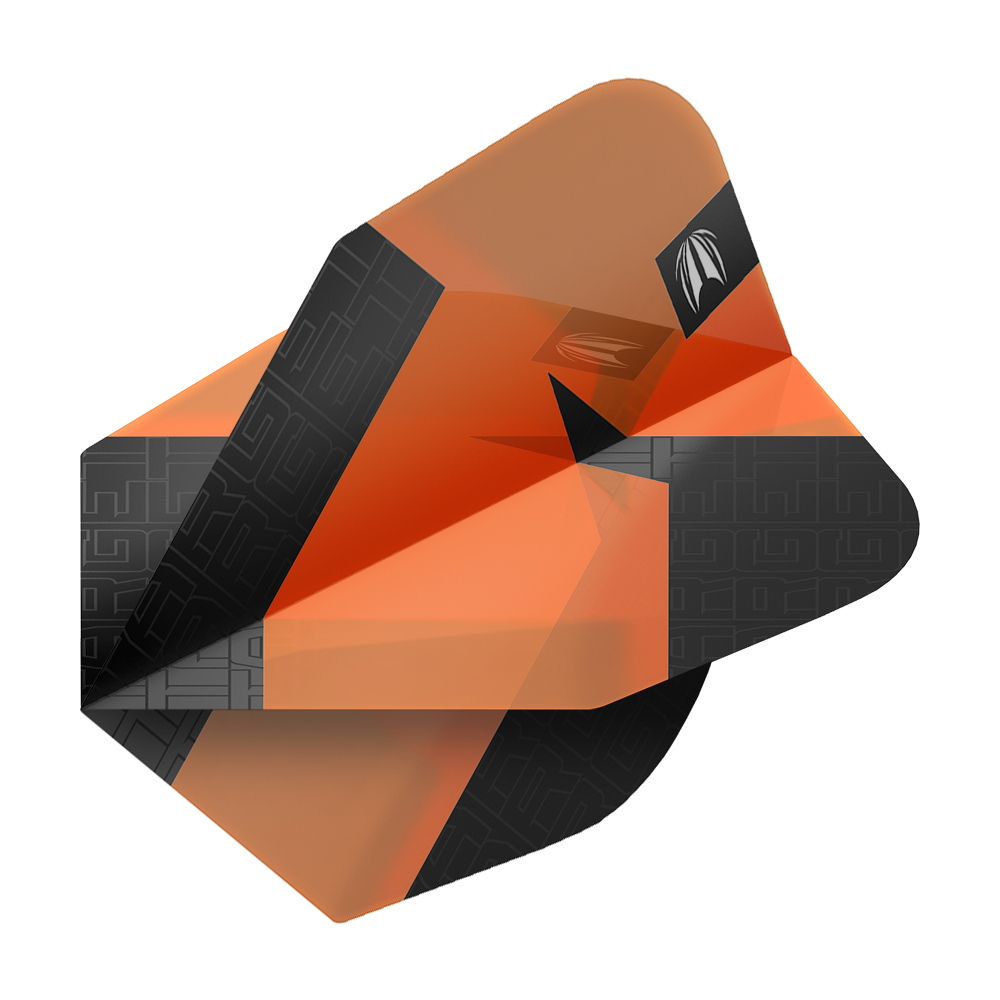 Target Pro Ultra TAG Orange No6 Standard Flights - 3 Sets Das Bild zeigt ein orangefarbenes Dart-Flights-Set mit schwarzem Muster. Es handelt sich um das Produkt "Target Pro Ultra TAG Orange No6 Standard Flights - 3 Sets".
