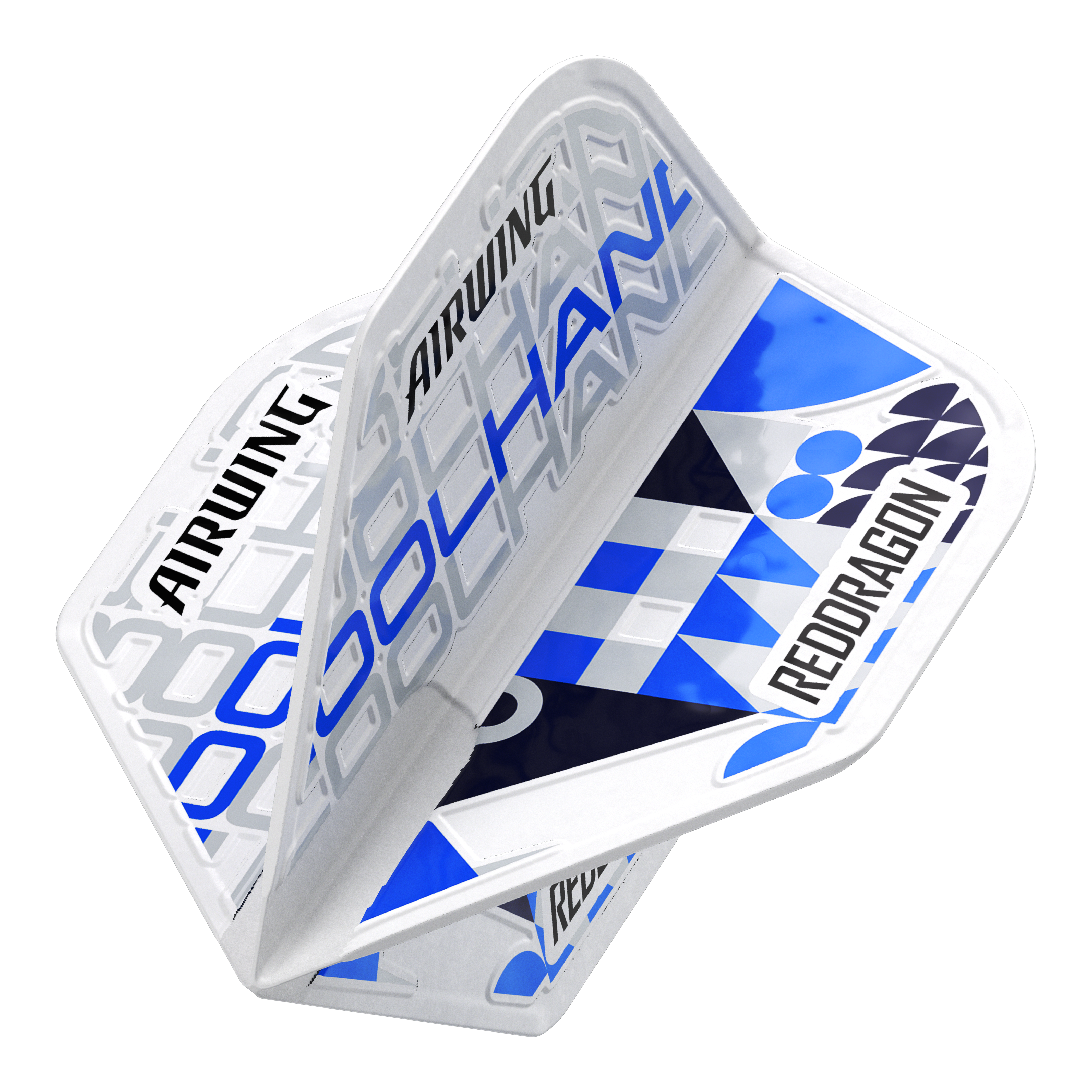 Red Dragon Airwing Luke Humphries White Standard Flights Das Bild zeigt die Red Dragon Airwing Luke Humphries White Standard Flights. Die Flights sind überwiegend weiß und blau mit den Aufschriften "AIRWING", "COOL HAND" und "RED DRAGON".