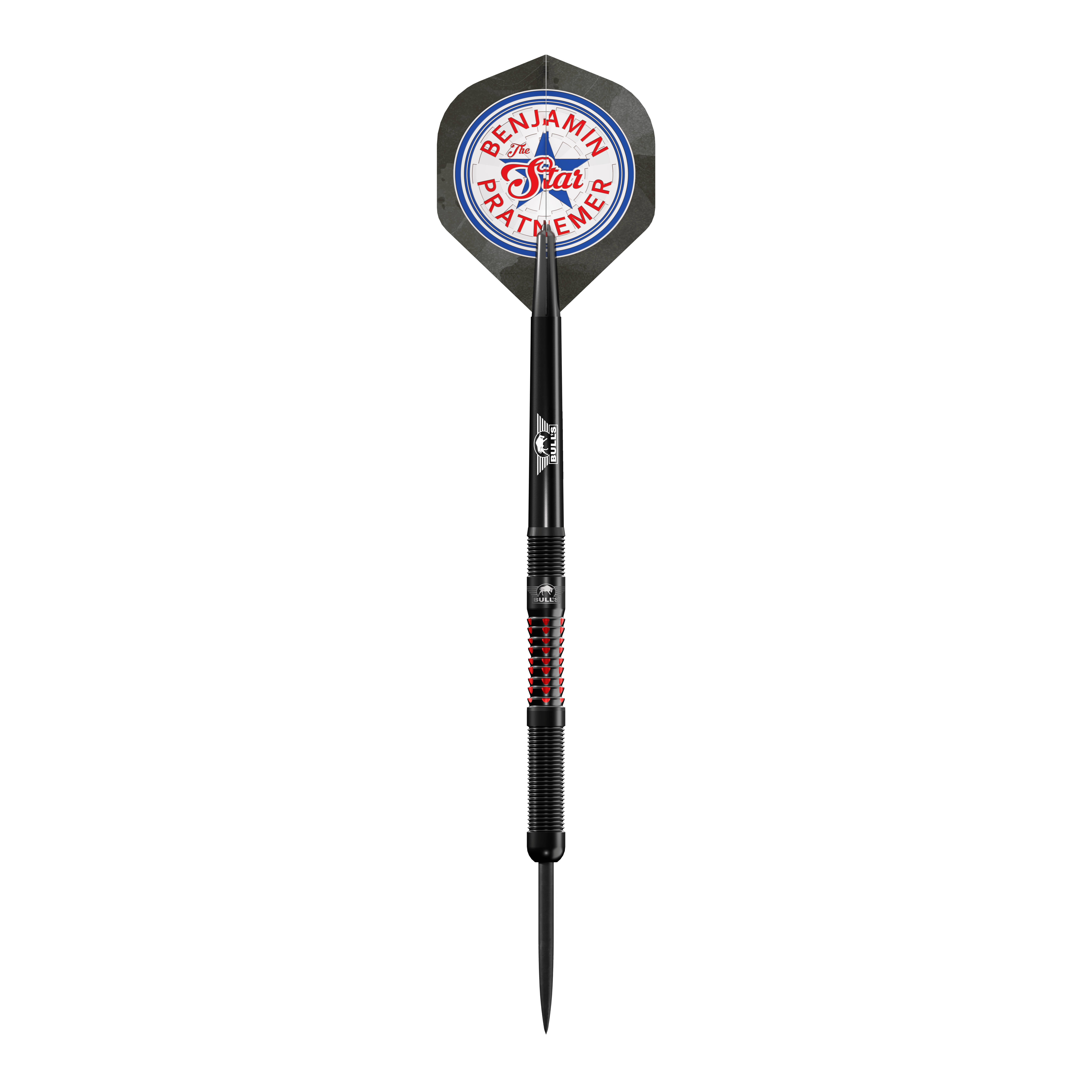 Bulls NL Benjamin Pratnemer steel darts - 20g Das Bild zeigt einen Steeldart der Marke Bulls NL, Modell "Benjamin Pratnemer" mit 20g Gewicht. Auf dem Flight steht der Name "Benjamin Pratnemer" und das Design ist in Schwarz mit roten Akzenten gehalten.