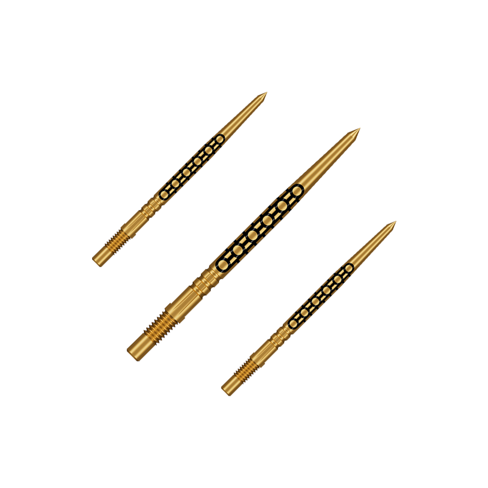 Shot Turbo Point Goths Dart Tips - Gold Das Bild zeigt ein Set goldfarbener Dartspitzen in kurzer Ausführung. Sie eignen sich für verschiedene Dartpfeile.