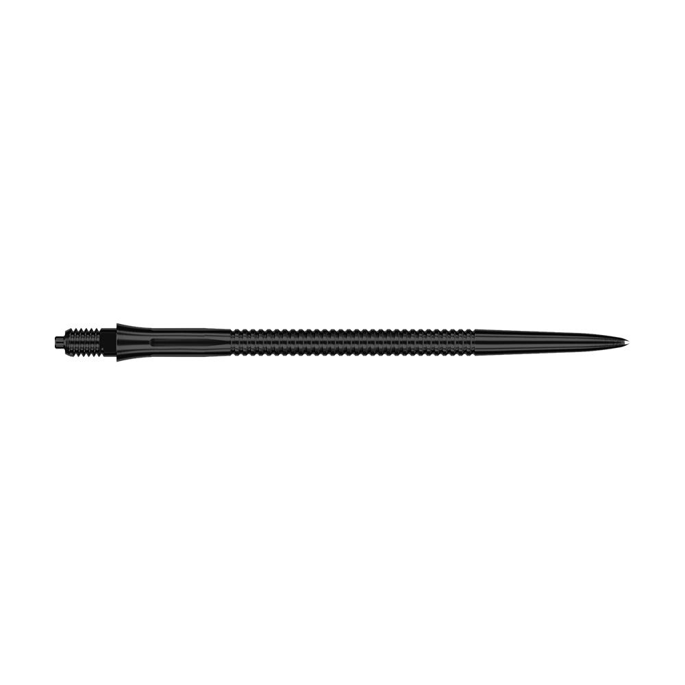 Caliburn EZ-EVO Dart Tips - Grooved - Black Zu sehen sind schwarze Dartspitzen mit Rillen und einer Länge von 45 mm. Die Aufnahme hebt die Details der Oberfläche hervor.