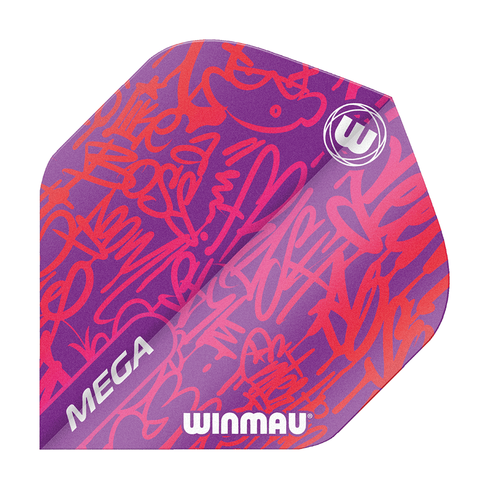 6900-242_Winmau_Mega_Red_Standard_Flights_1 Das Bild zeigt ein Dartflight mit dem Namen "Winmau Mega Red Standard Flights". Das Flight ist überwiegend lila mit roten Graffiti-Mustern und den weißen Aufschriften "MEGA" und "WINMAU".