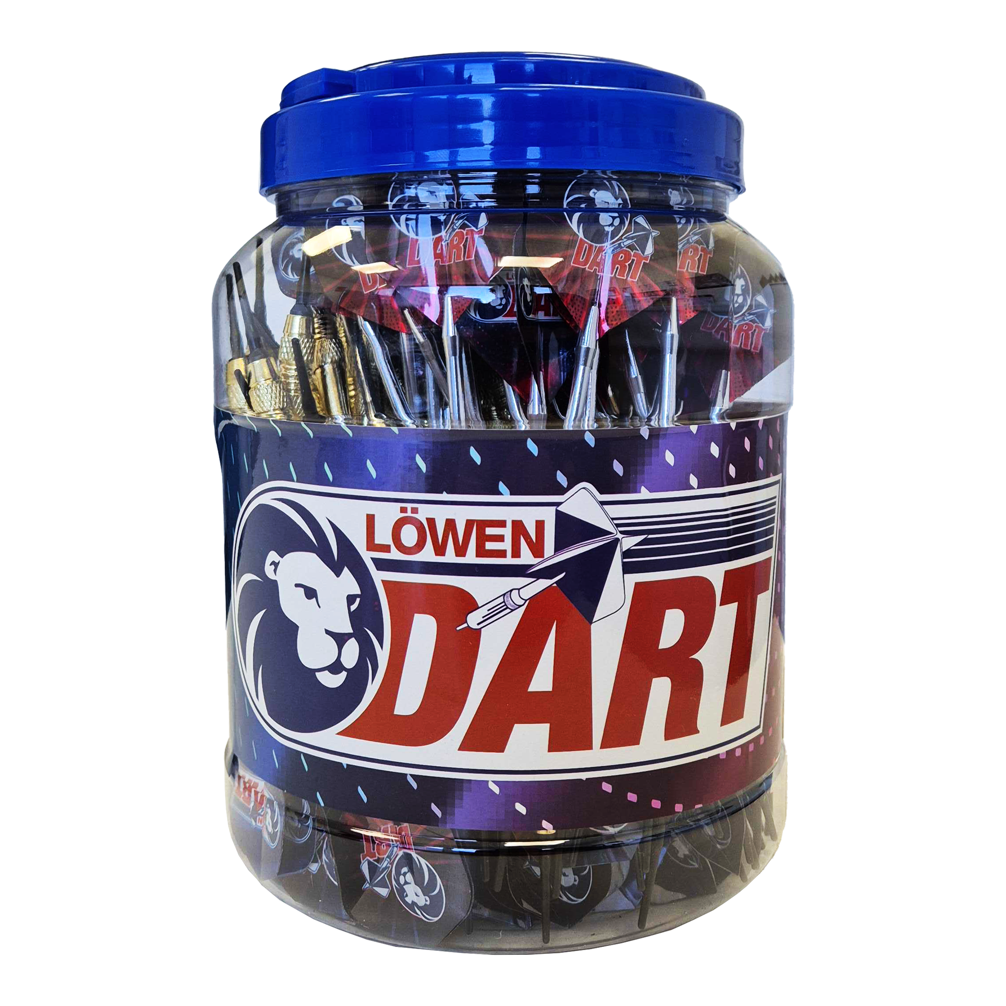 99 Löwen Soft-Tip Darts - 18g Das Bild zeigt ein großes Plastikgefäß mit einem blauen Deckel, das mit vielen Soft-Tip-Darts gefüllt ist. Auf dem Behälter steht die Aufschrift "Löwen Dart" und das Produkt heißt "99 Löwen Soft-Tip Darts - 18g".