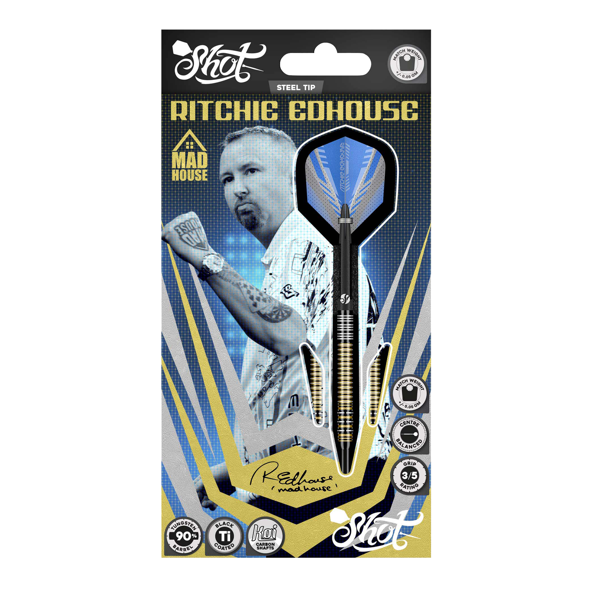 Shot Ritchie Edhouse Madhouse steel darts Abgebildet sind die Shot Ritchie Edhouse Madhouse Steeldarts. Sie zeigen das markante Design und die hochwertige Verarbeitung der Darts.