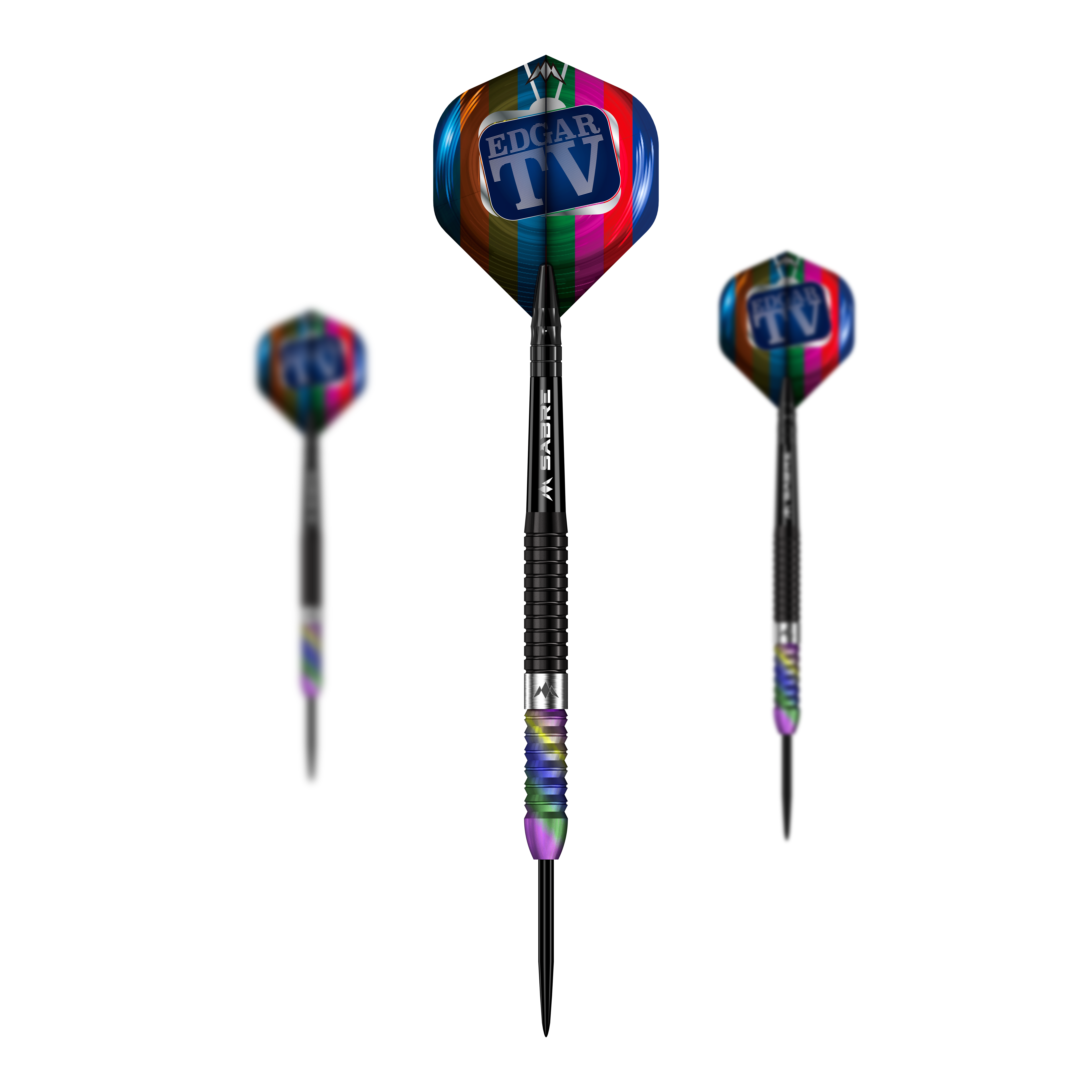 Mission Matt Edgar Steeldarts Das Bild zeigt drei Steeldarts des Produkts „Mission Matt Edgar Steeldarts“. Die Flights der Darts sind bunt und tragen den Aufdruck „Edgar TV“.