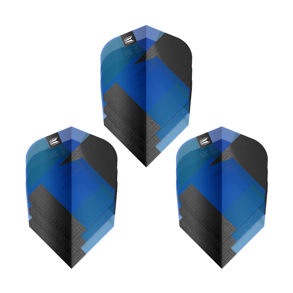 Target Pro Ultra TAG Blue Ten-X Standard Flights - 3 Sets Das Bild zeigt drei blaue und schwarze Dart-Flights mit geometrischem Muster. Es handelt sich um das Produkt "Target Pro Ultra TAG Blau Ten-X Standard Flights - 3 Sets".