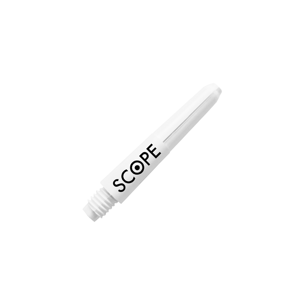 524_McDart_Scope_Nylon_Shafts_Weiss_28mm_2 Das Bild zeigt einen weißen Nylon-Schaft für Darts mit der Aufschrift "SCOPE". Es handelt sich um das Produkt "McDart Scope Nylon Shafts".