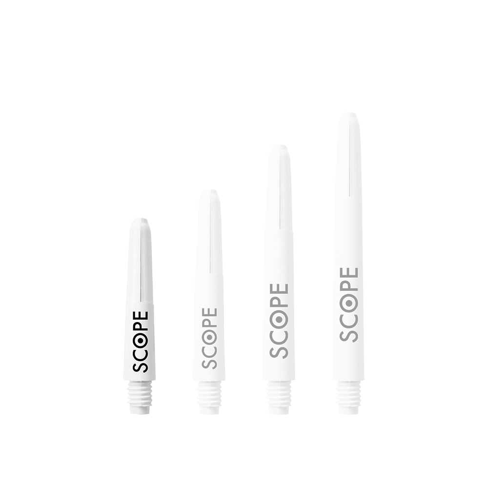 524_McDart_Scope_Nylon_Shafts_Weiss_28mm_1q6C9a6s2wbmHP Das Bild zeigt vier weiße McDart Scope Nylon Shafts in unterschiedlichen Längen. Auf jedem Schaft steht das Wort "SCOPE" in schwarzer Schrift.